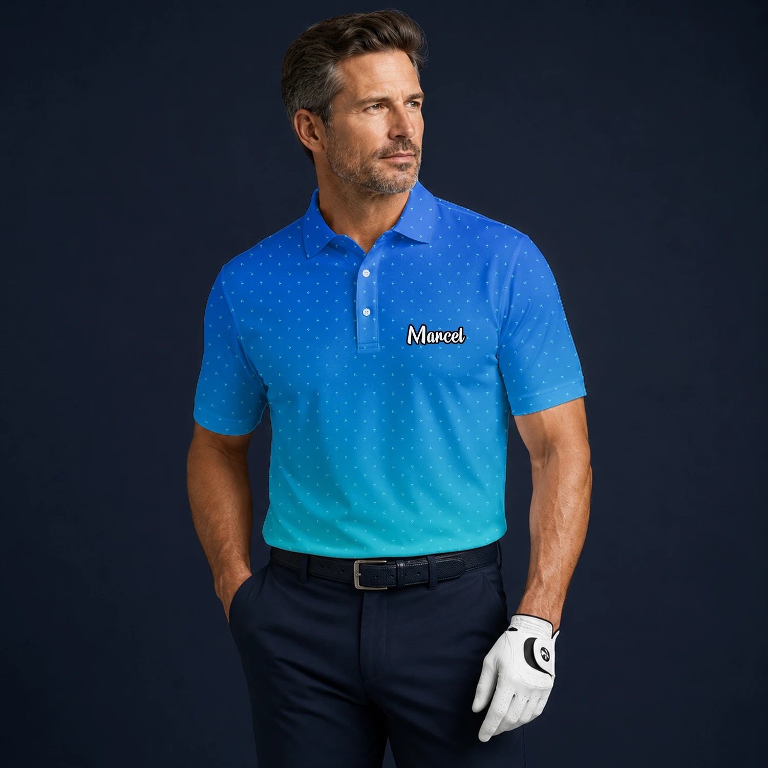 Personalised Blue Turquoise Dotted Gradient Golf Polo Shirt For Men C6032