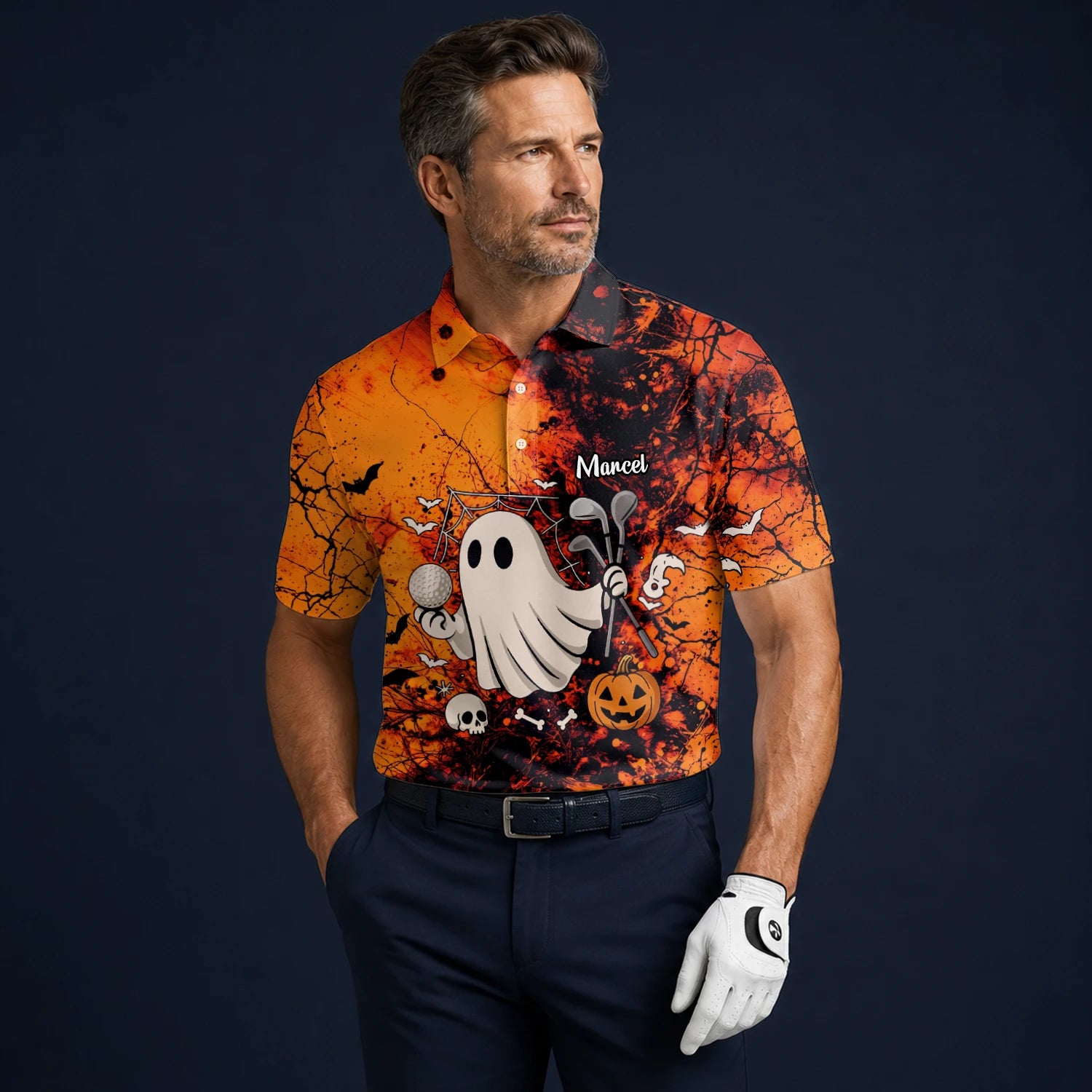 Personalised Orange Halloween Ghost Golfer Golf Polo Shirt For Men M0695