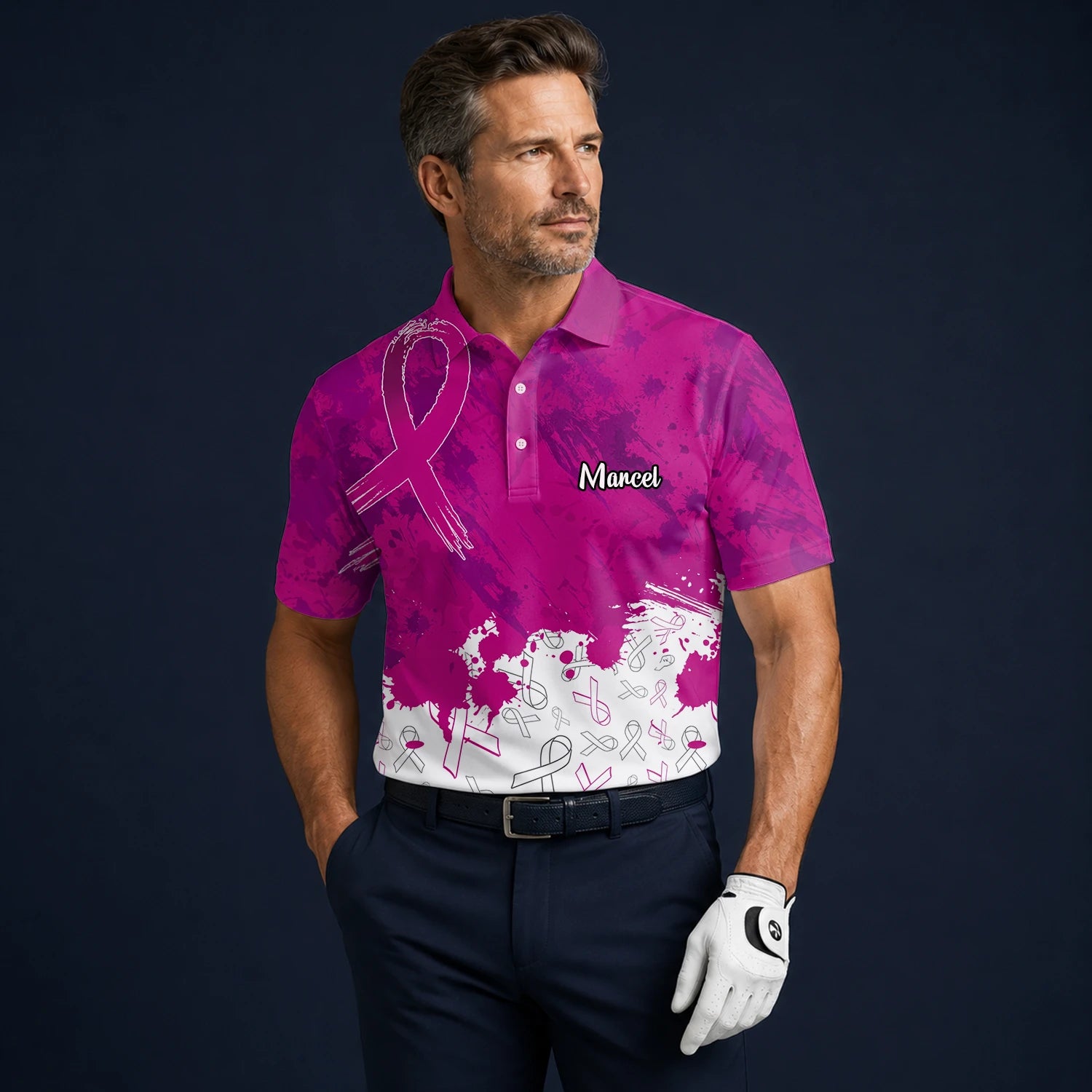 Personalised Magenta Breast Cancer Awareness Ribbon Paint Splash Golf Polo Shirt For Men Q5636