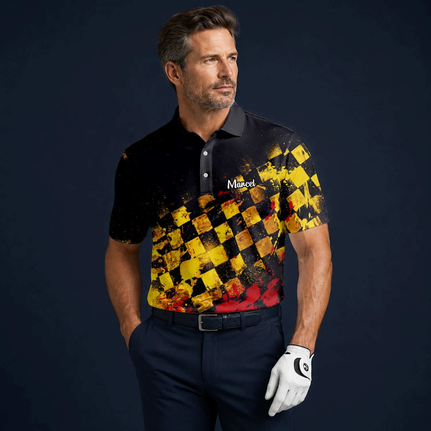 Personalised Black Yellow Red Grunge Checkerboard Golf Polo Shirt For Men R0396
