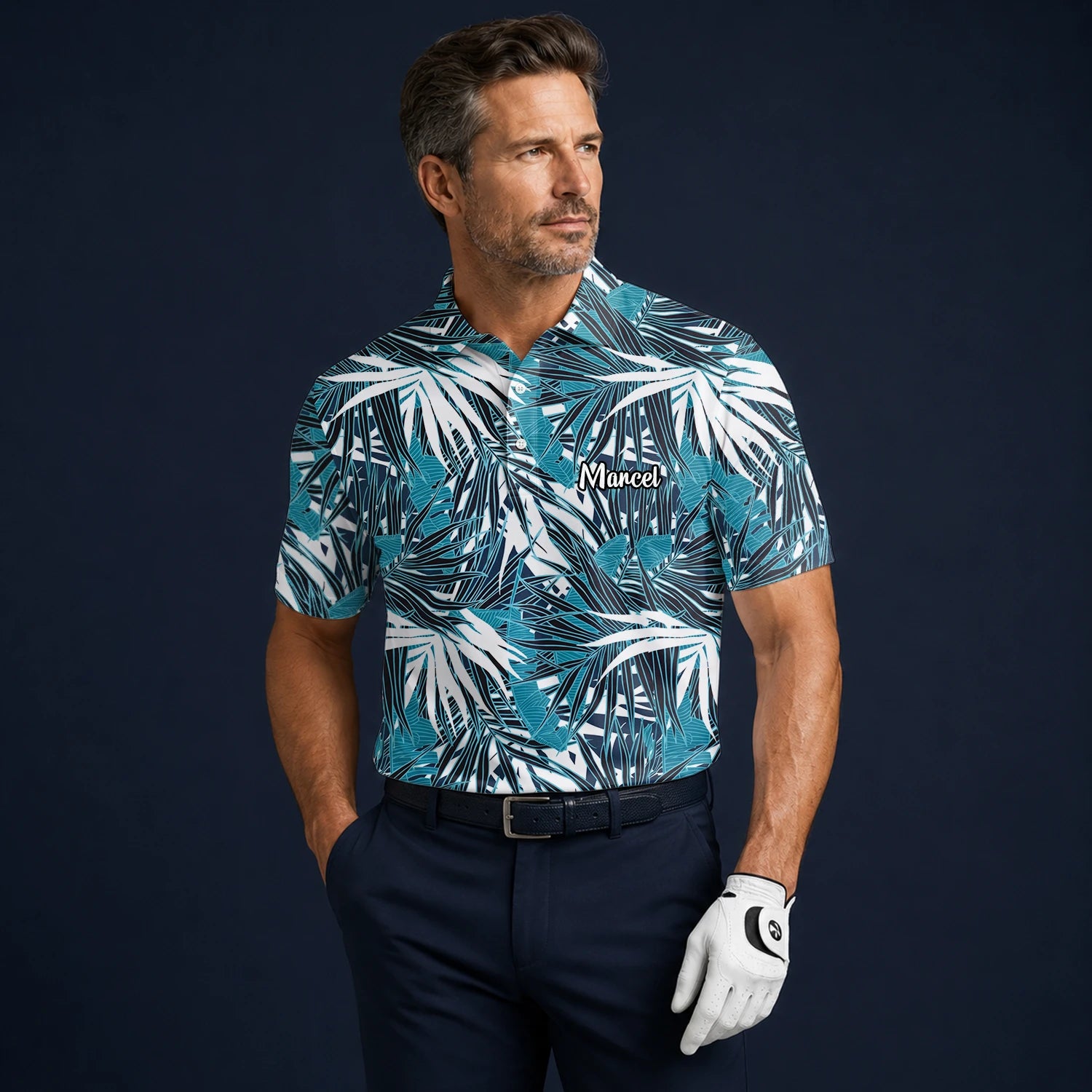 Personalised Teal Black White Palm Leaf Golf Polo Shirt For Men S8543