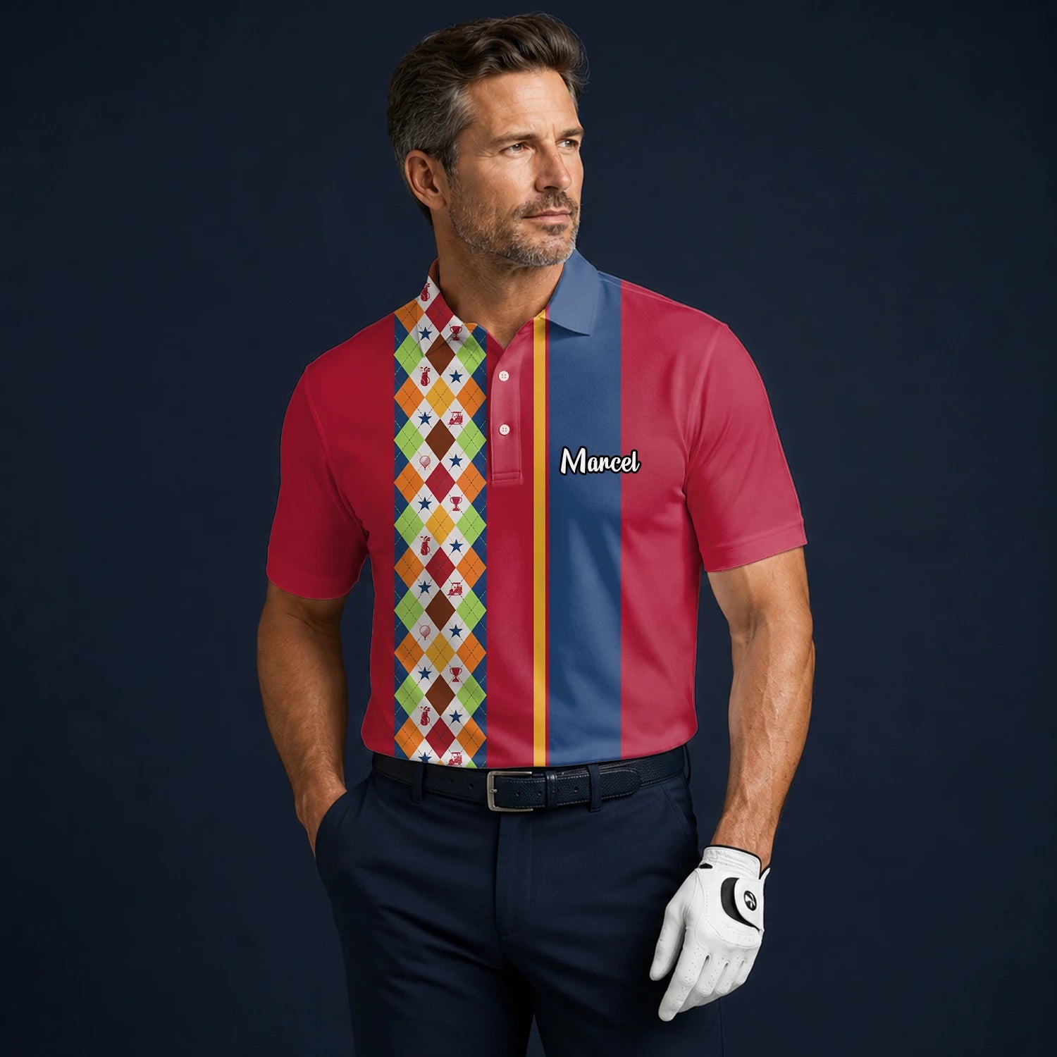 Personalised Red Blue Colourful Argyle Golf Polo Shirt For Men V1769