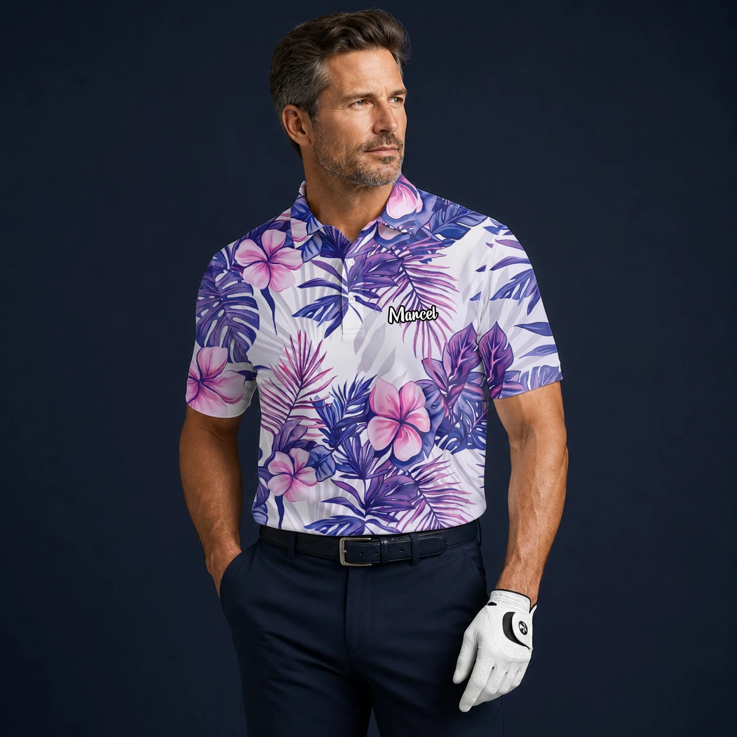 Personalised White Purple Tropical Hibiscus Leaf Golf Polo Shirt For Men H1054