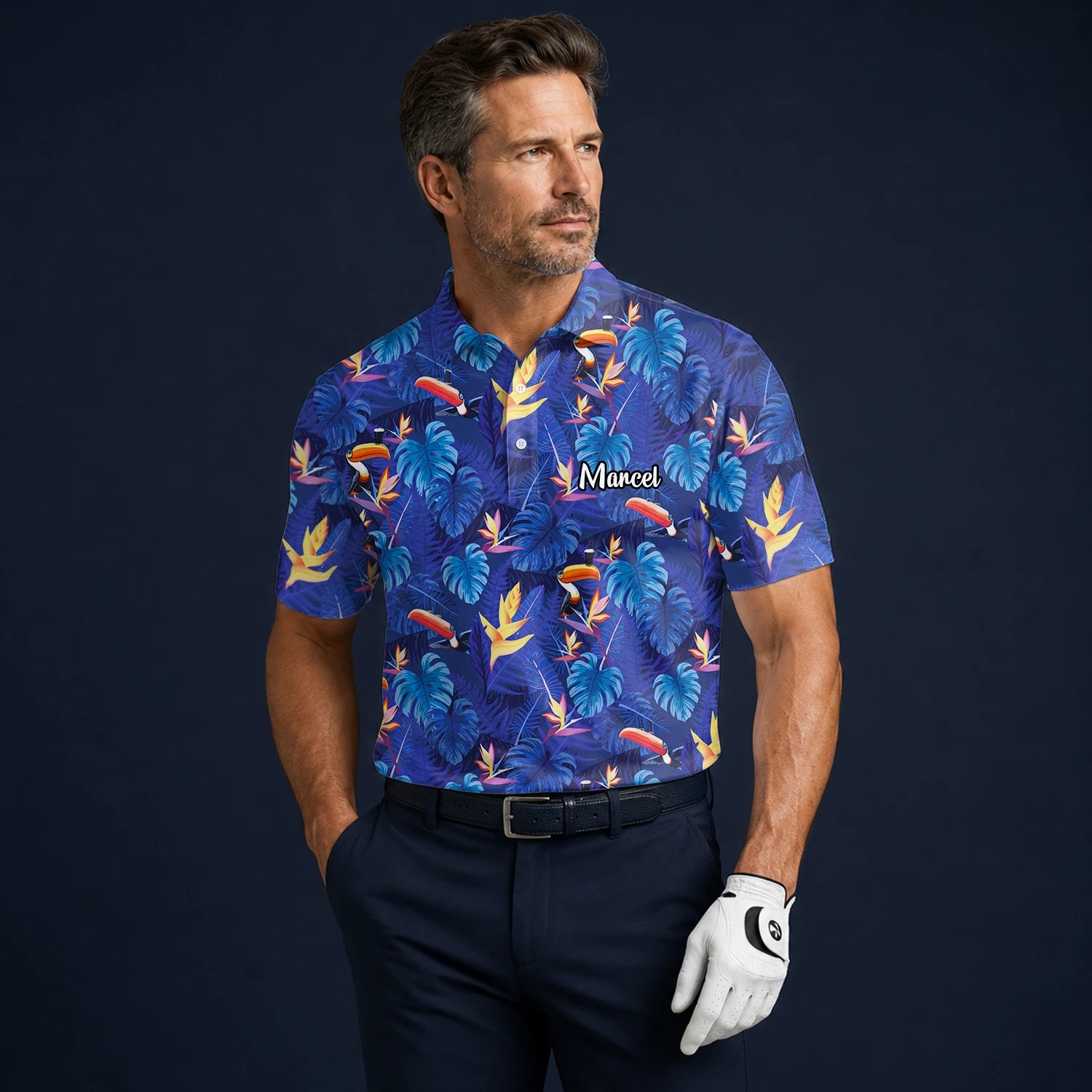 Personalised Navy Blue Tropical Toucan Leaf Golf Polo Shirt For Men S1836