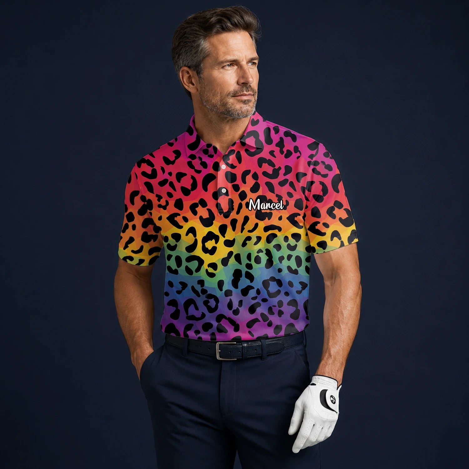 Personalised Rainbow Leopard Print Golf Polo Shirt For Men X1632