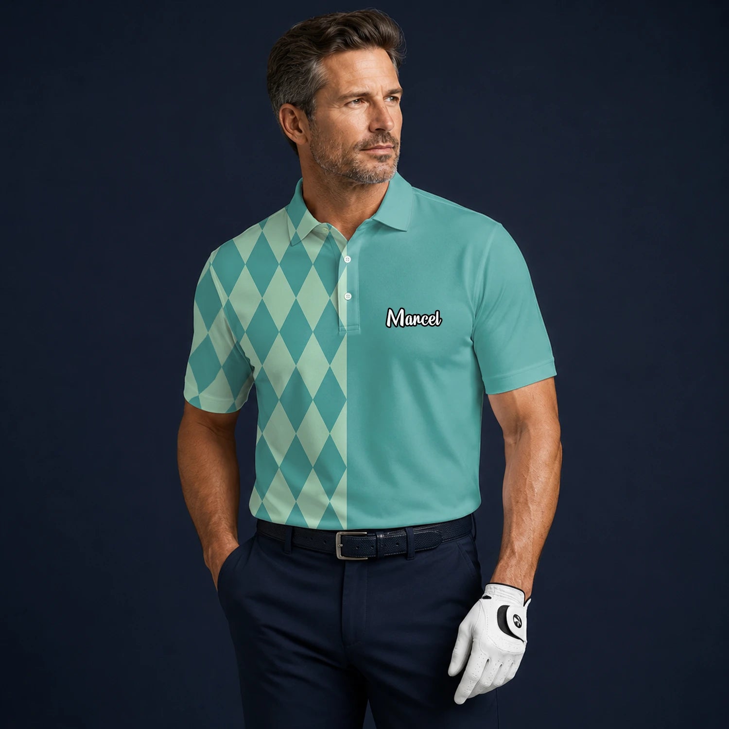 Personalised Teal Mint Argyle Golf Polo Shirt For Men A8483
