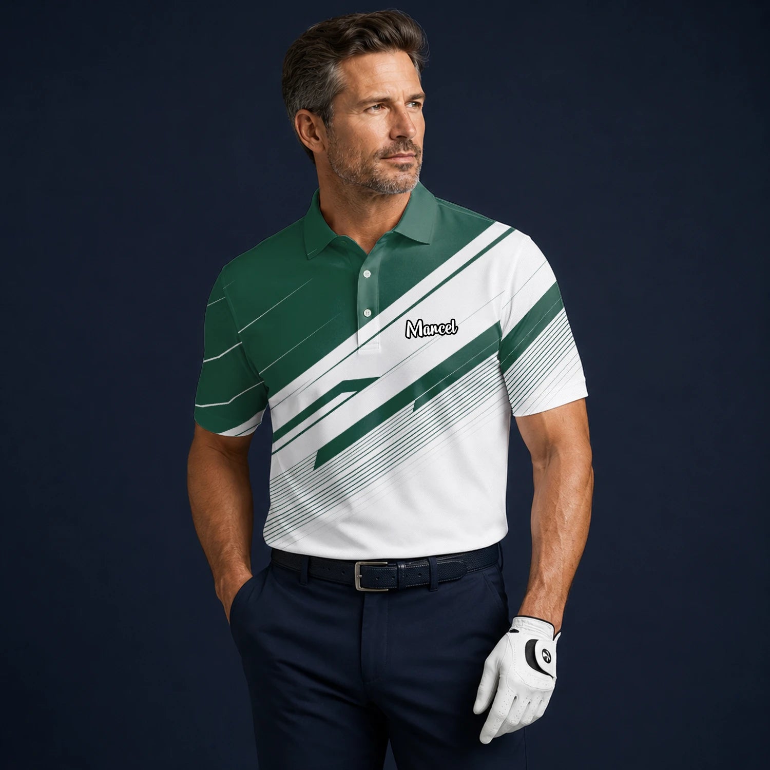 Personalised Green White Abstract Stripe Golf Polo Shirt For Men E5041