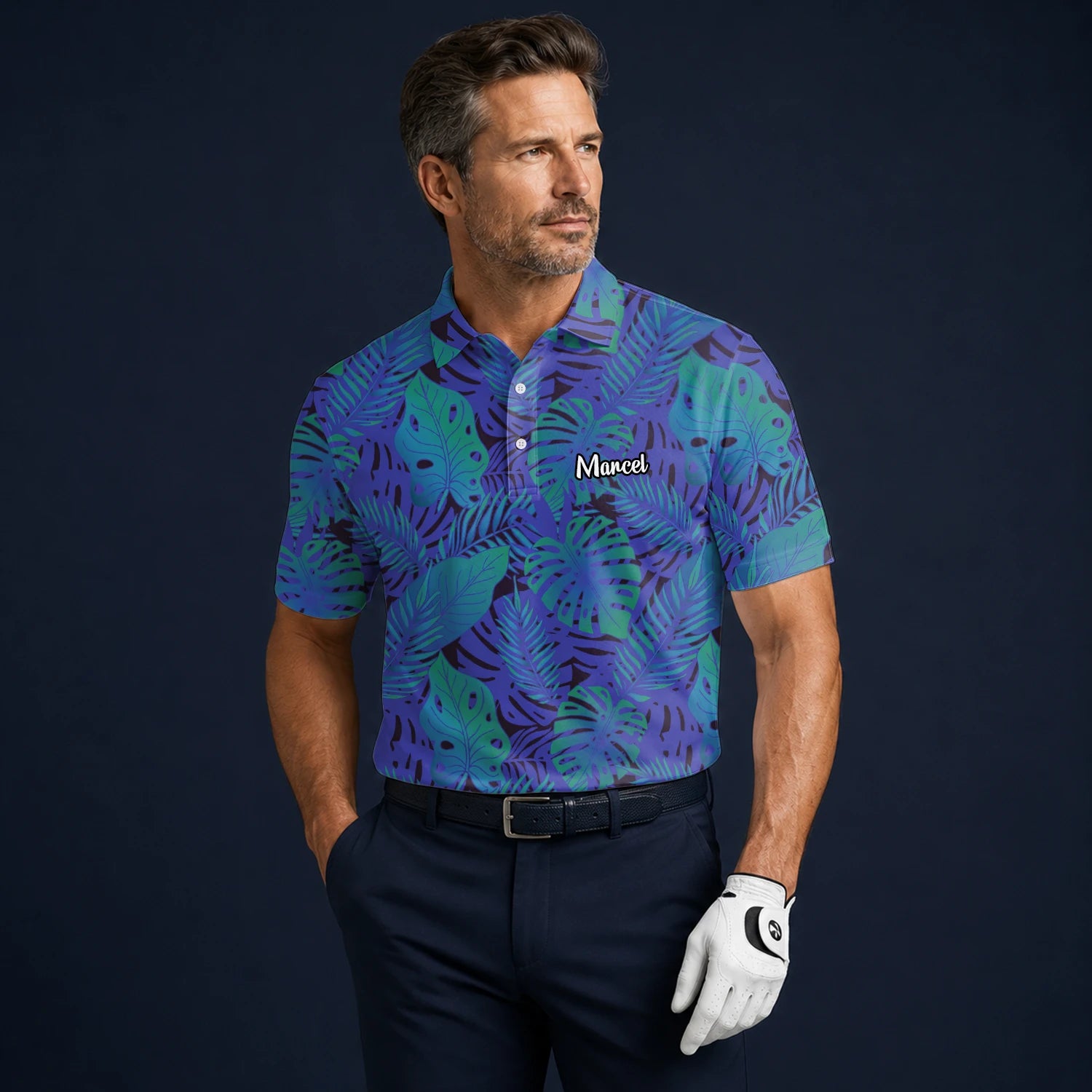 Personalised Blue Purple Tropical Monstera Leaf Golf Polo Shirt For Men G3142