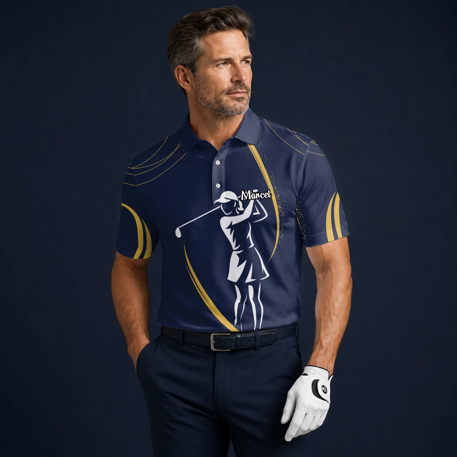 Personalised Navy Gold Golfer Silhouette Golf Polo Shirt For Men K0906