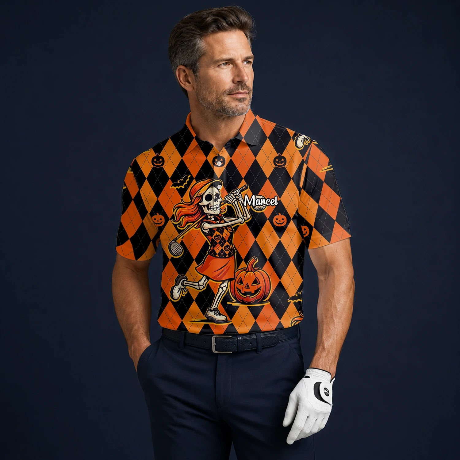 Personalised Orange Black Halloween Skeleton Golfer Pumpkin Argyle Golf Polo Shirt For Men Z9562