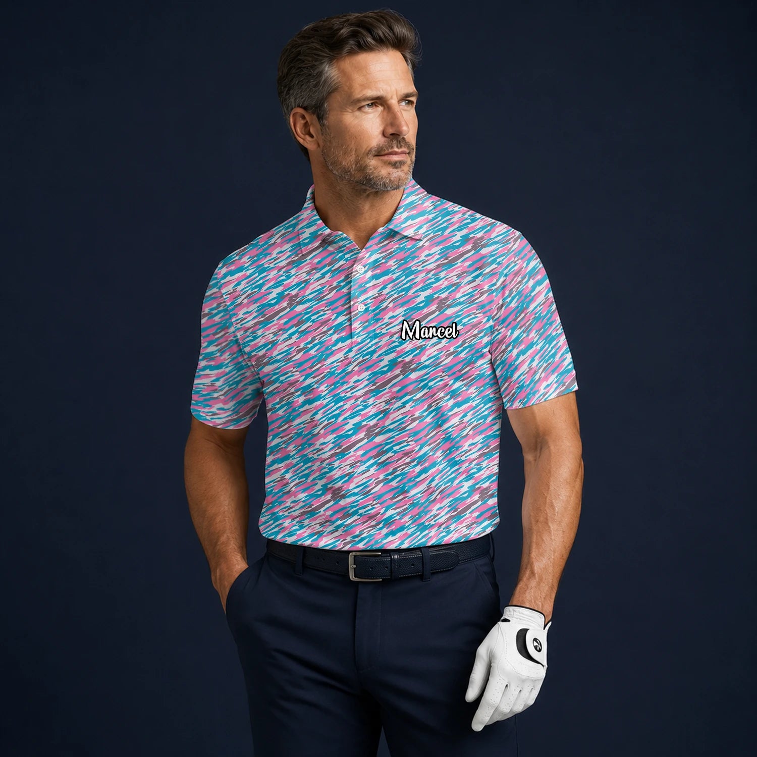 Personalised Pink Teal Abstract Speckle Golf Polo Shirt For Men S1159