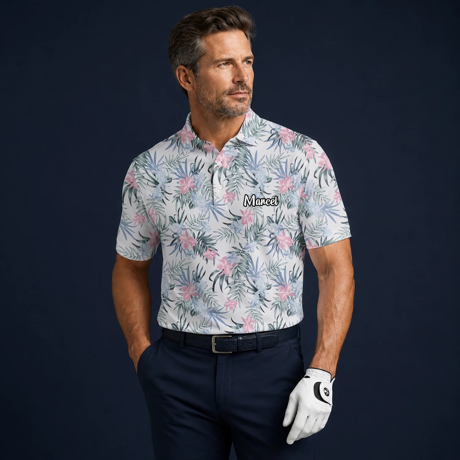 Personalised White Pink Tropical Floral Leaf Golf Polo Shirt For Men C1037