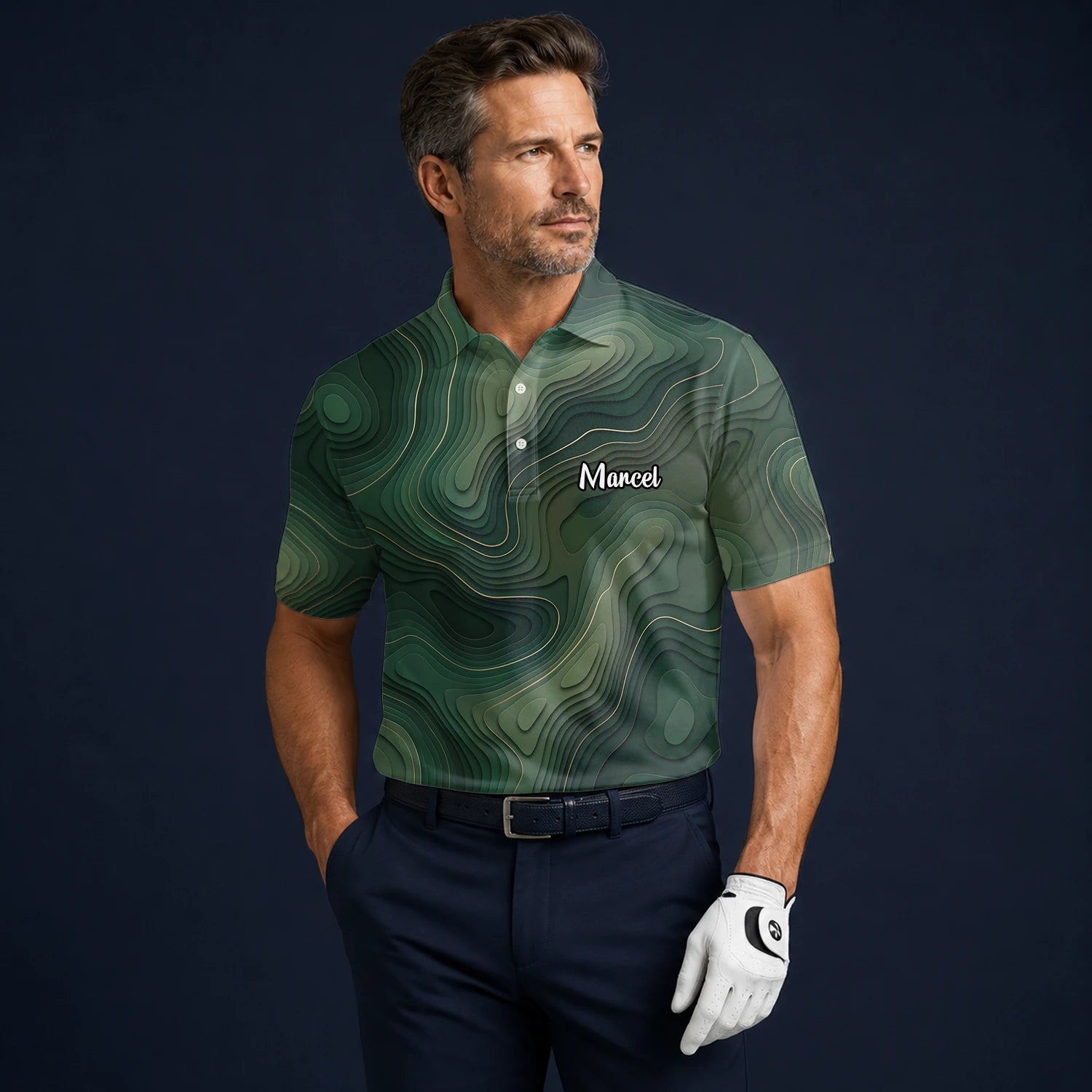 Personalised Green Topographic Contour Line Golf Polo Shirt For Men H2497