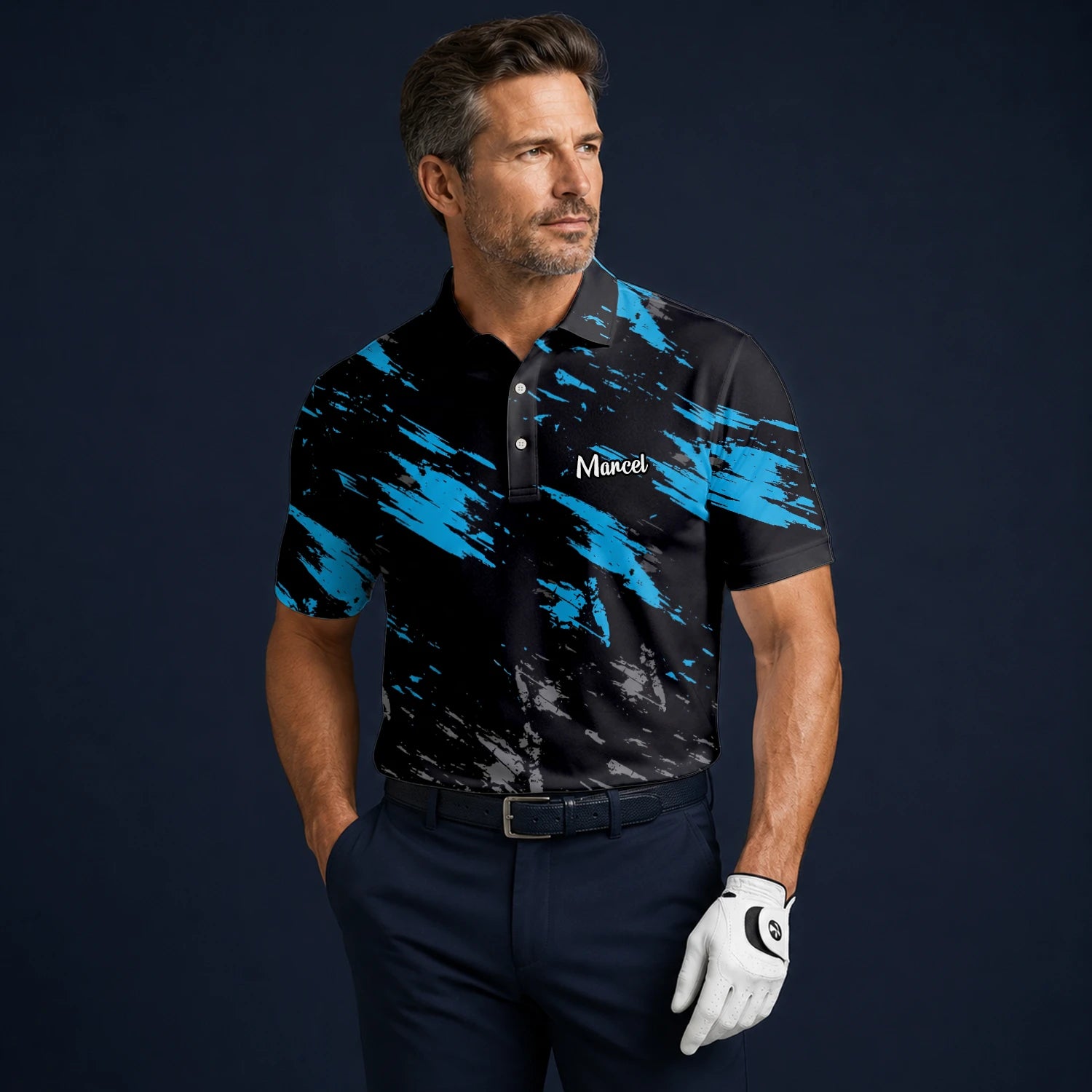 Personalised Black Blue Brush Stroke Golf Polo Shirt For Men H3779