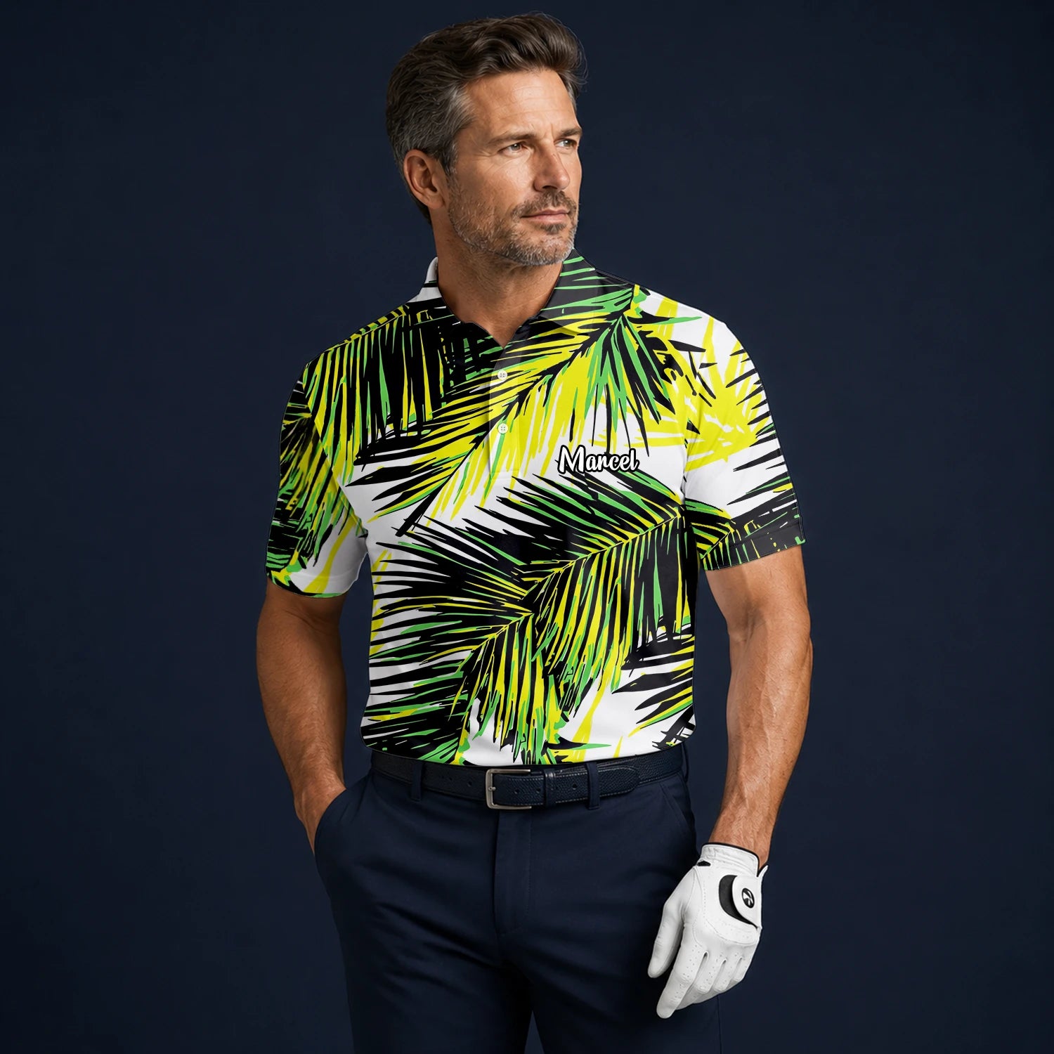 Personalised Black Lime Tropical Palm Leaf Golf Polo Shirt For Men R3070