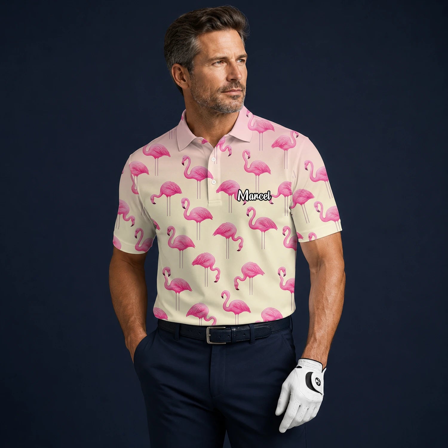 Personalised Cream Pink Flamingo Golf Polo Shirt For Men P5242