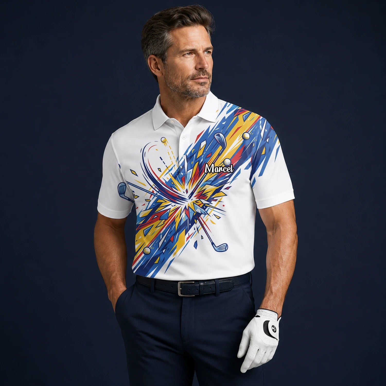 Personalised White Blue Abstract Golf Swing Burst Golf Polo Shirt For Men B2869