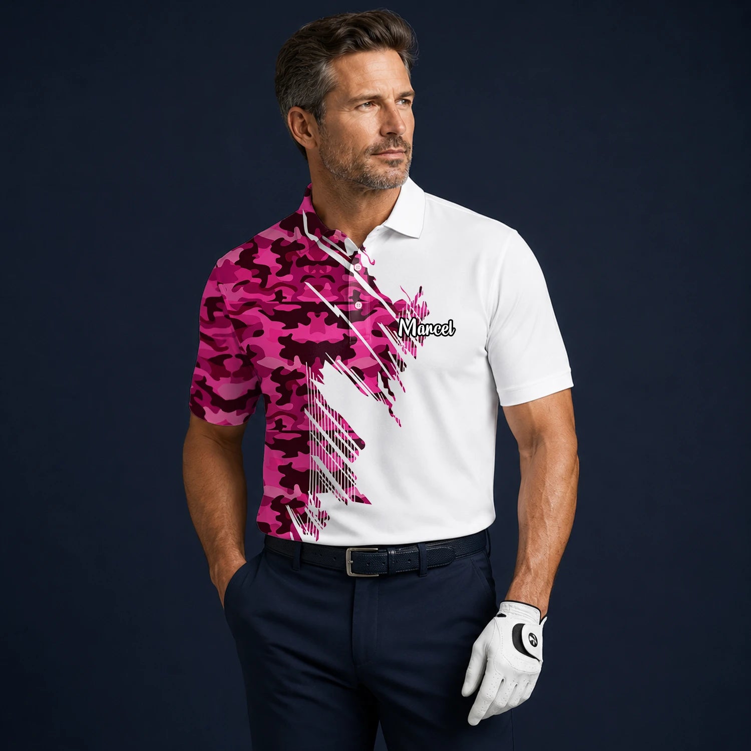 Personalised White Pink Camo Brush Stroke Golf Polo Shirt For Men S6501