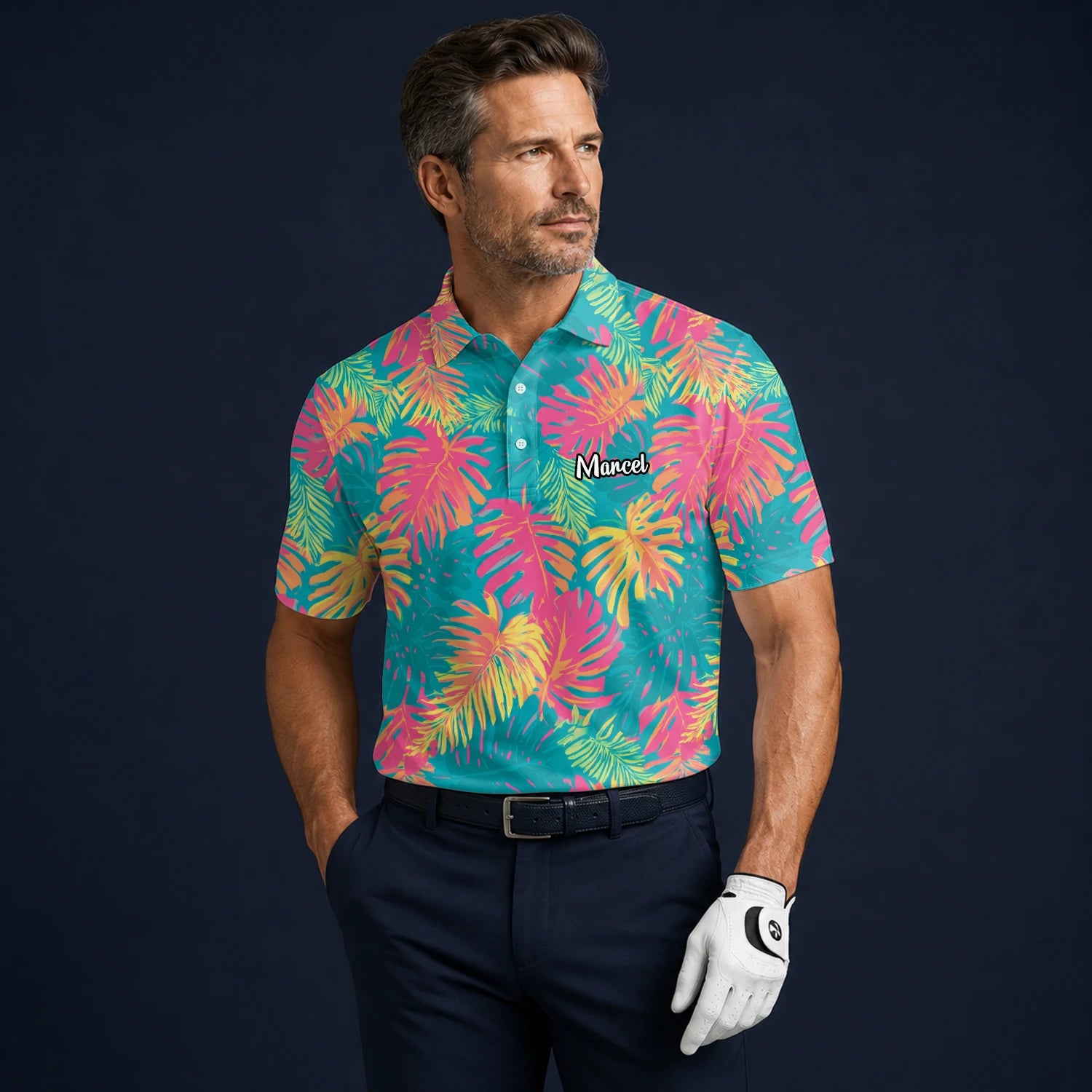 Personalised Teal Coral Tropical Leaf Golf Polo Shirt For Men H8937