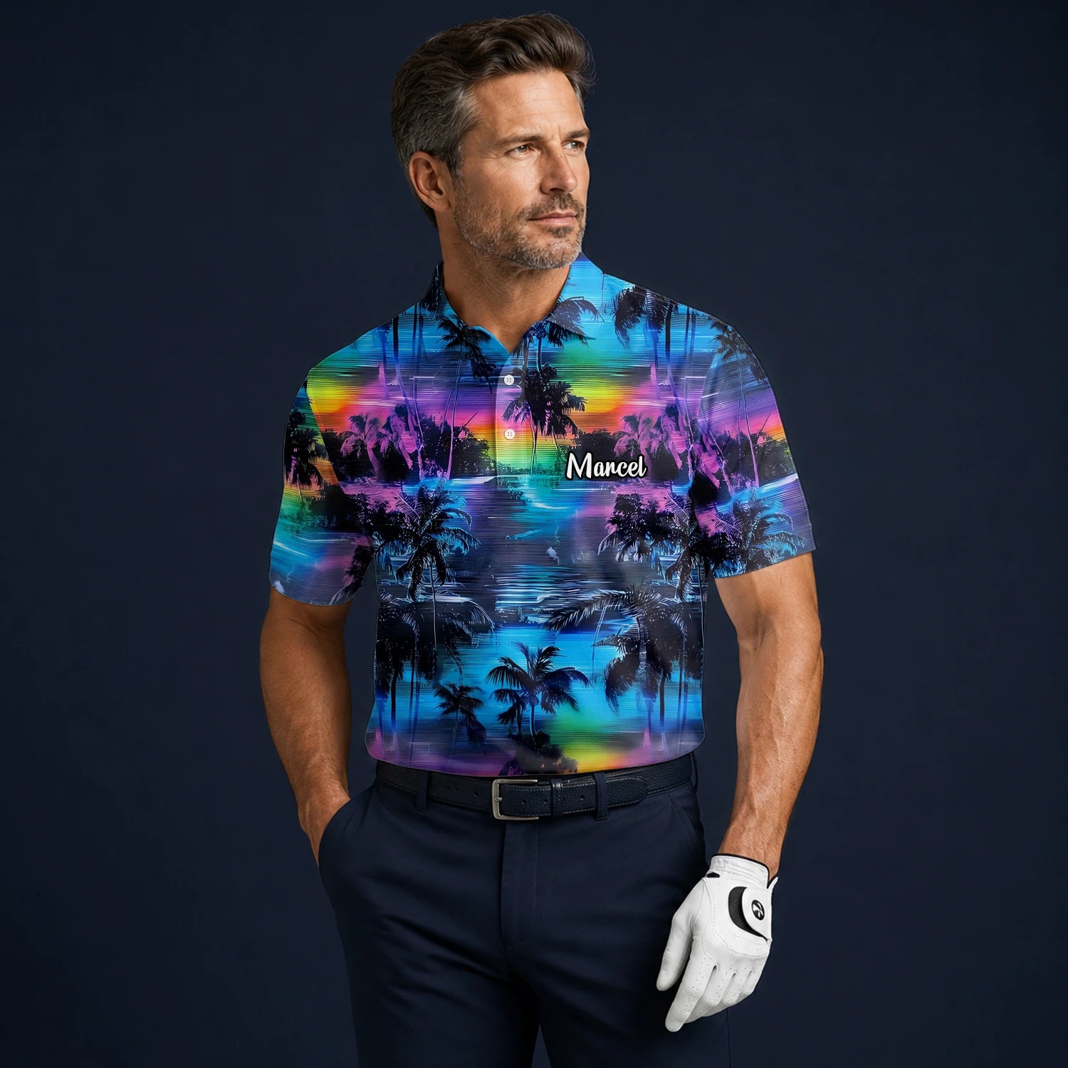 Personalised Blue Purple Palm Sunset Golf Polo Shirt For Men K8435