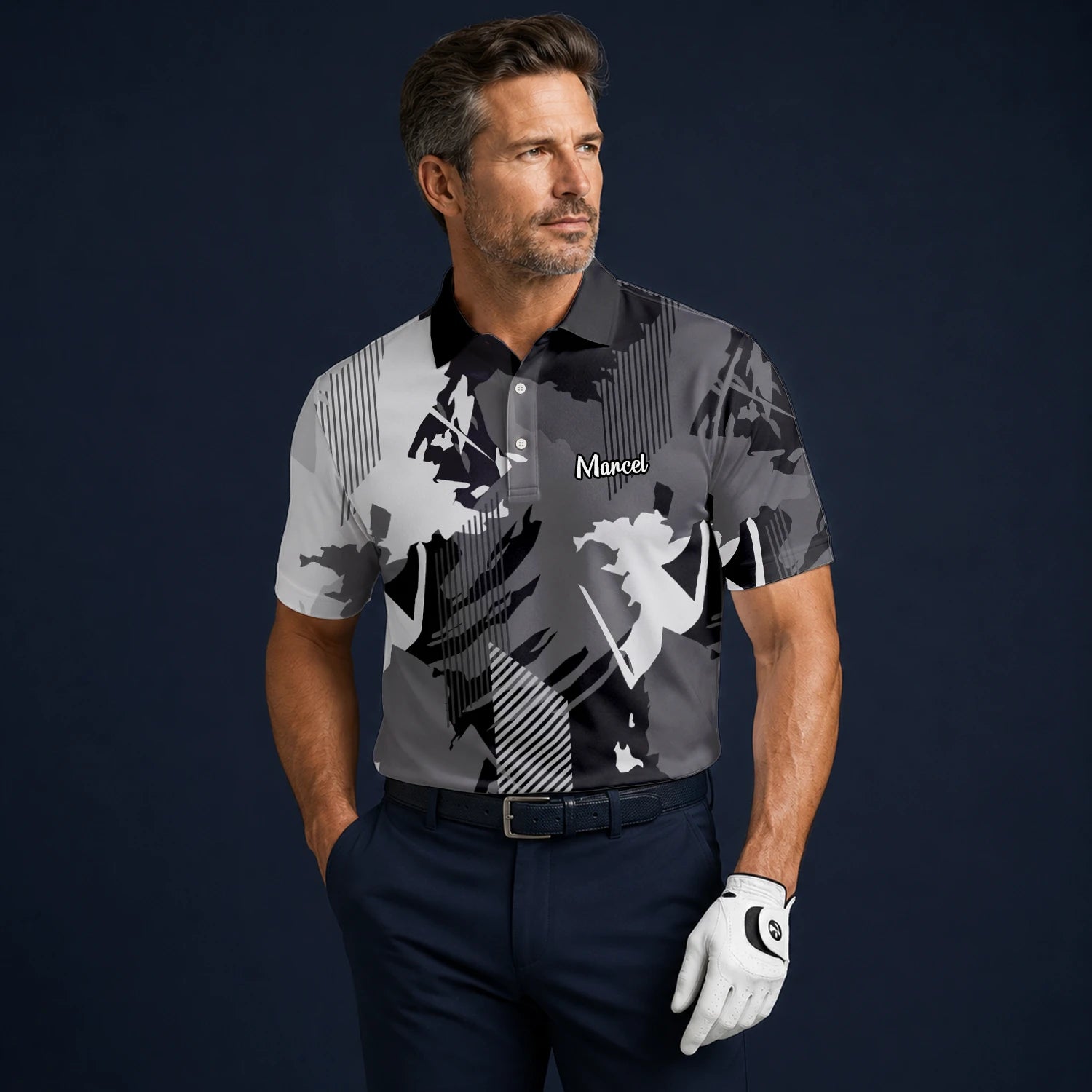 Personalised Grey Black Abstract Brush Stripe Golf Polo Shirt For Men I7293