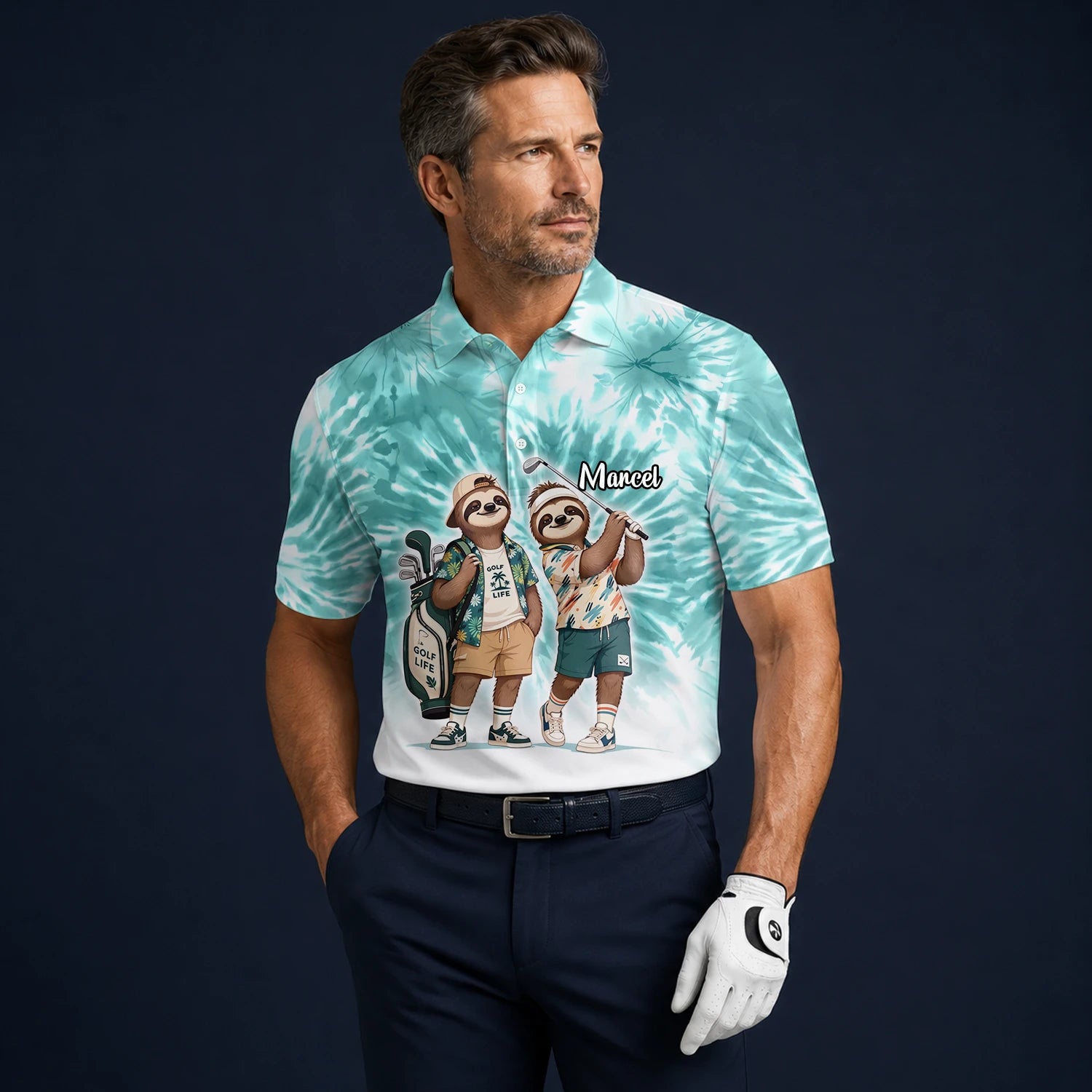 Personalised Turquoise Sloth Golfer Cartoon Golf Polo Shirt For Men C1614