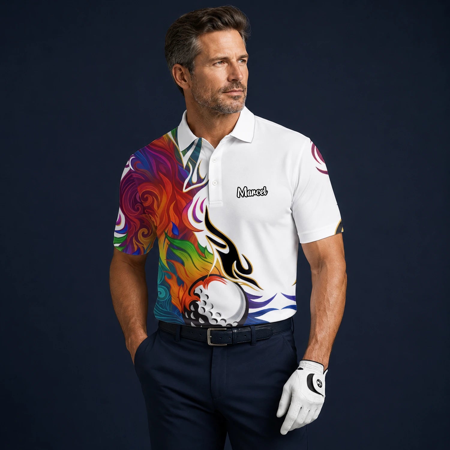 Personalised White Rainbow Flame Golf Ball Golf Polo Shirt For Men P6012