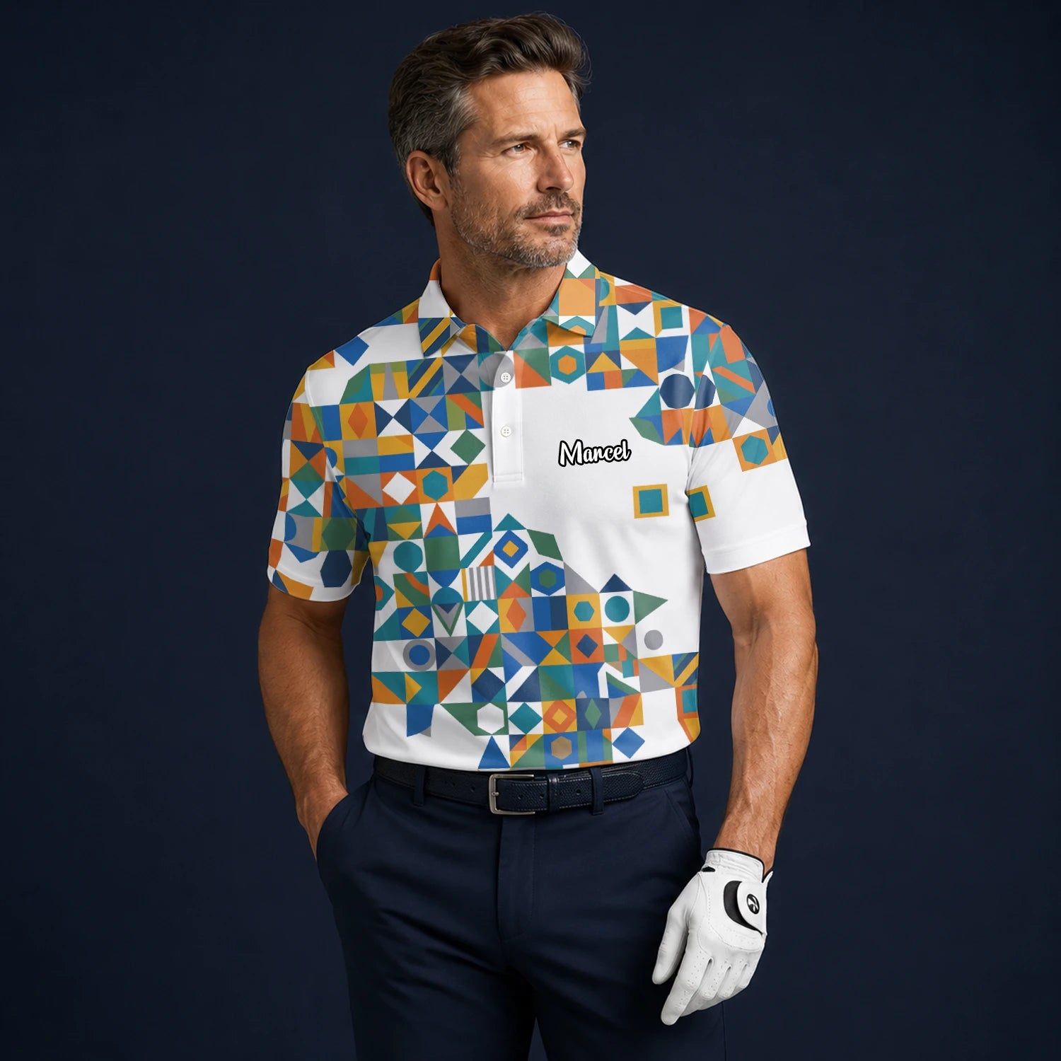 Personalised White Teal Orange Geometric Patchwork Golf Polo Shirt For Men K5362