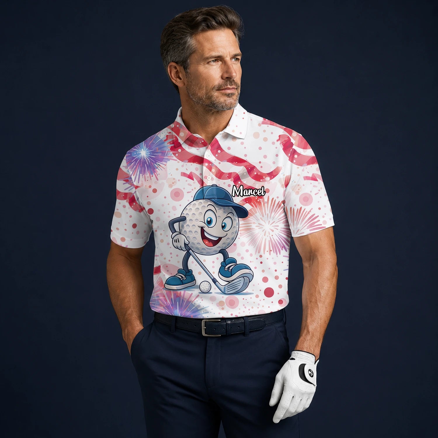 Personalised White Pink Golf Ball Cartoon Firework Golf Polo Shirt For Men C2083