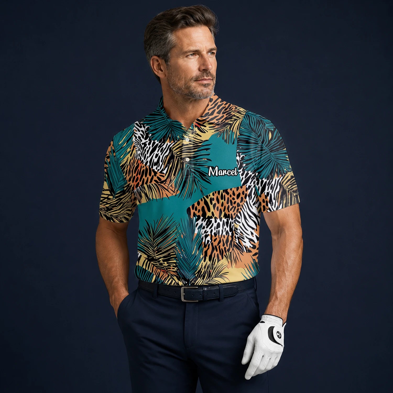 Personalised Teal Orange Tropical Palm Animal Print Golf Polo Shirt For Men A7122