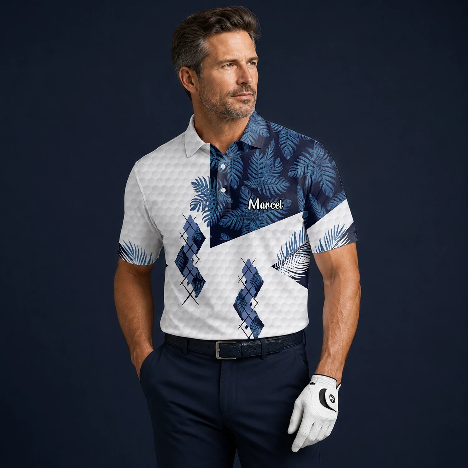 Personalised White Navy Tropical Leaf Argyle Golf Polo Shirt For Men D6549