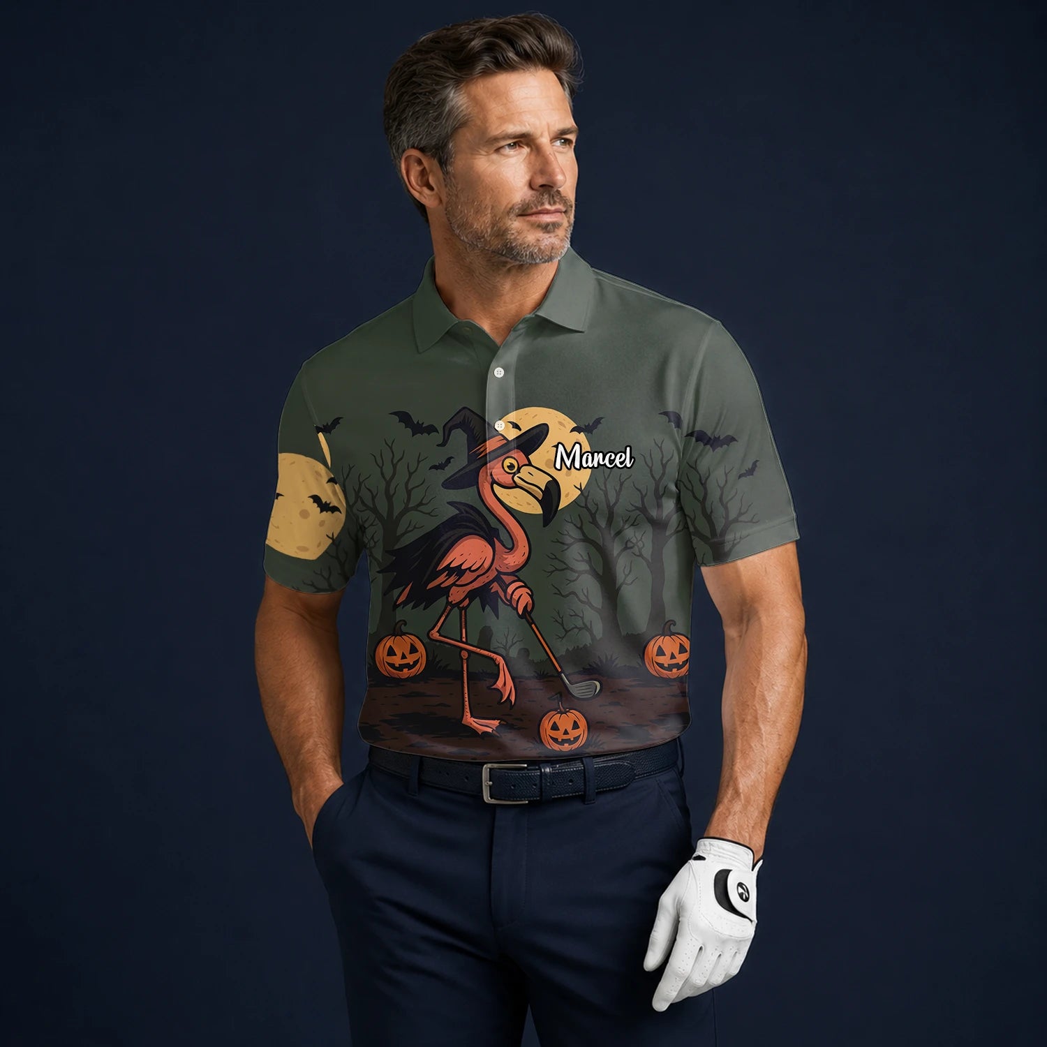 Personalised Olive Halloween Flamingo Witch Golfer Pumpkin Golf Polo Shirt For Men X5811