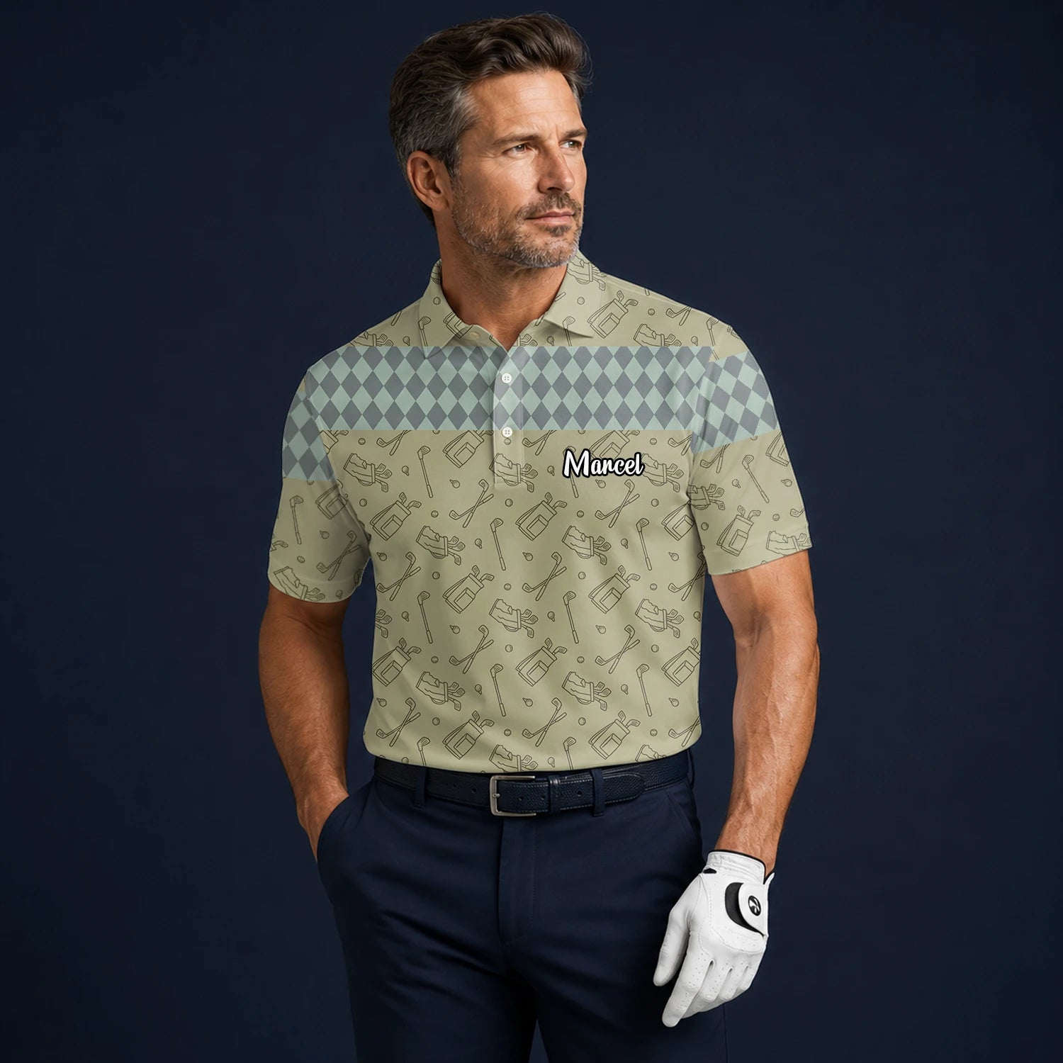 Personalised Khaki Golf Club Sketch Argyle Golf Polo Shirt For Men K5983
