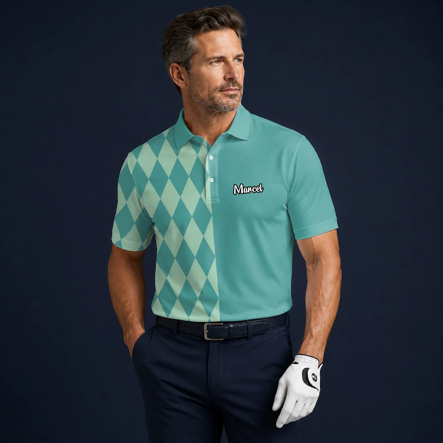 Personalised Teal Mint Argyle Golf Polo Shirt For Men A8483