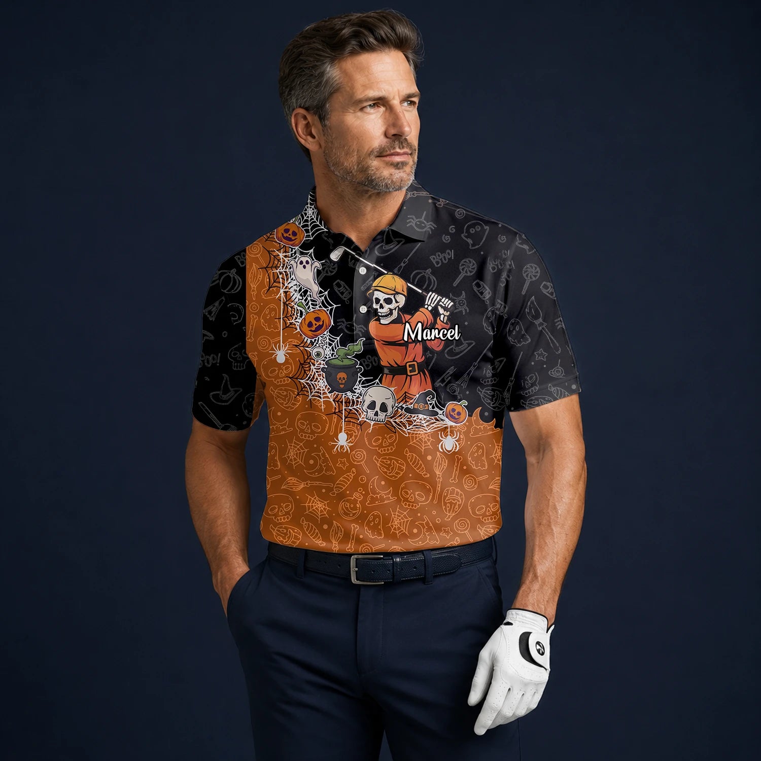 Personalised Black Orange Halloween Skeleton Golfer Web Golf Polo Shirt For Men Y5076