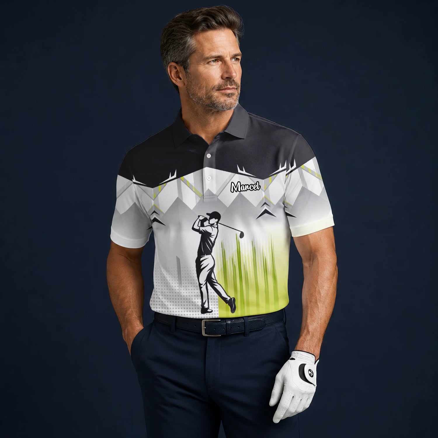 Personalised Black Grey Lime Golfer Silhouette Golf Polo Shirt For Men F4552
