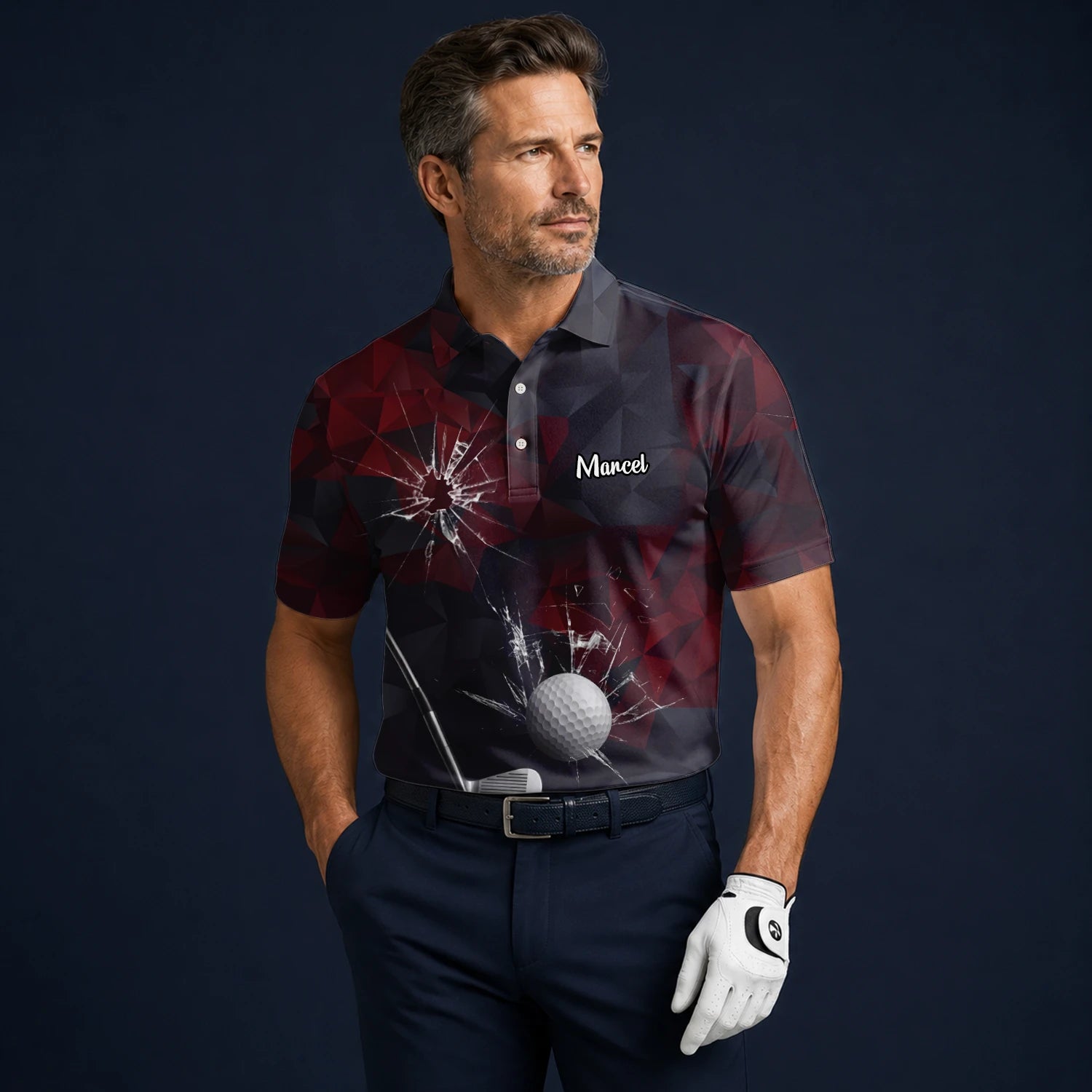 Personalised Black Burgundy Shattered Glass Golf Ball Golf Polo Shirt For Men R4354
