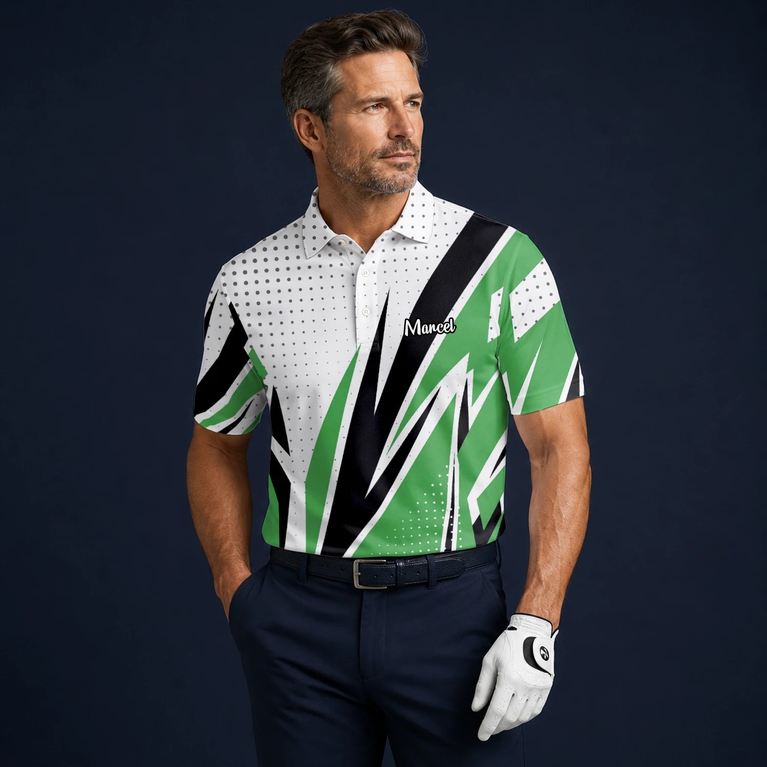 Personalised White Green Black Abstract Stripe Golf Polo Shirt For Men C9494