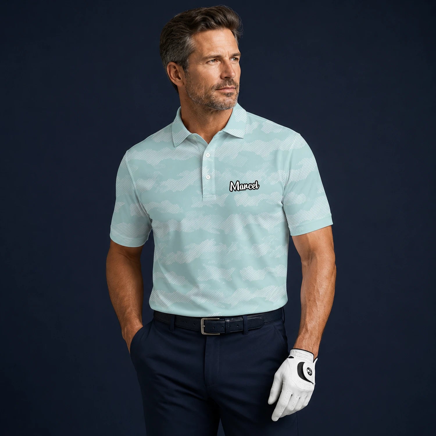 Personalised Mint White Chevron Stripe Golf Polo Shirt For Men K7105