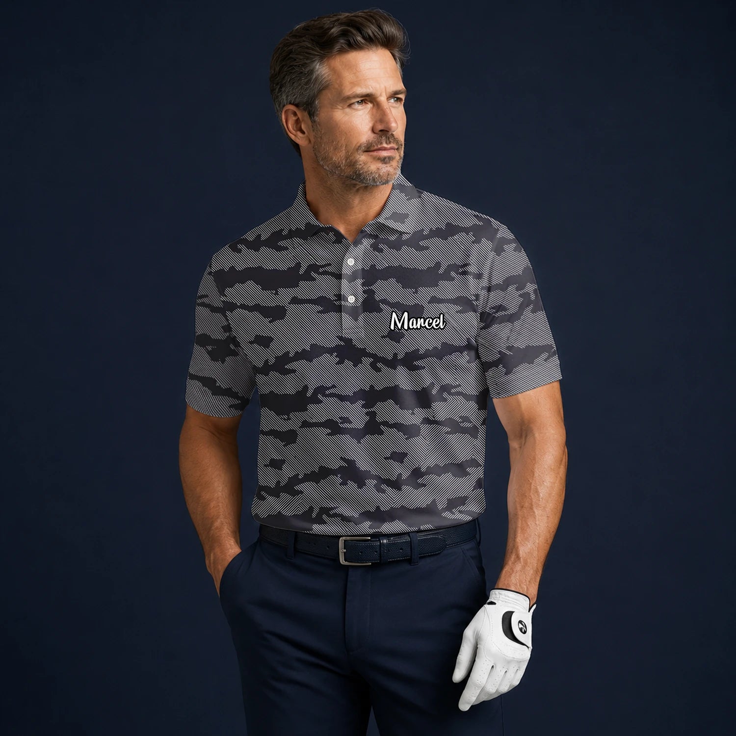 Personalised Grey Black Camo Golf Polo Shirt For Men R8701