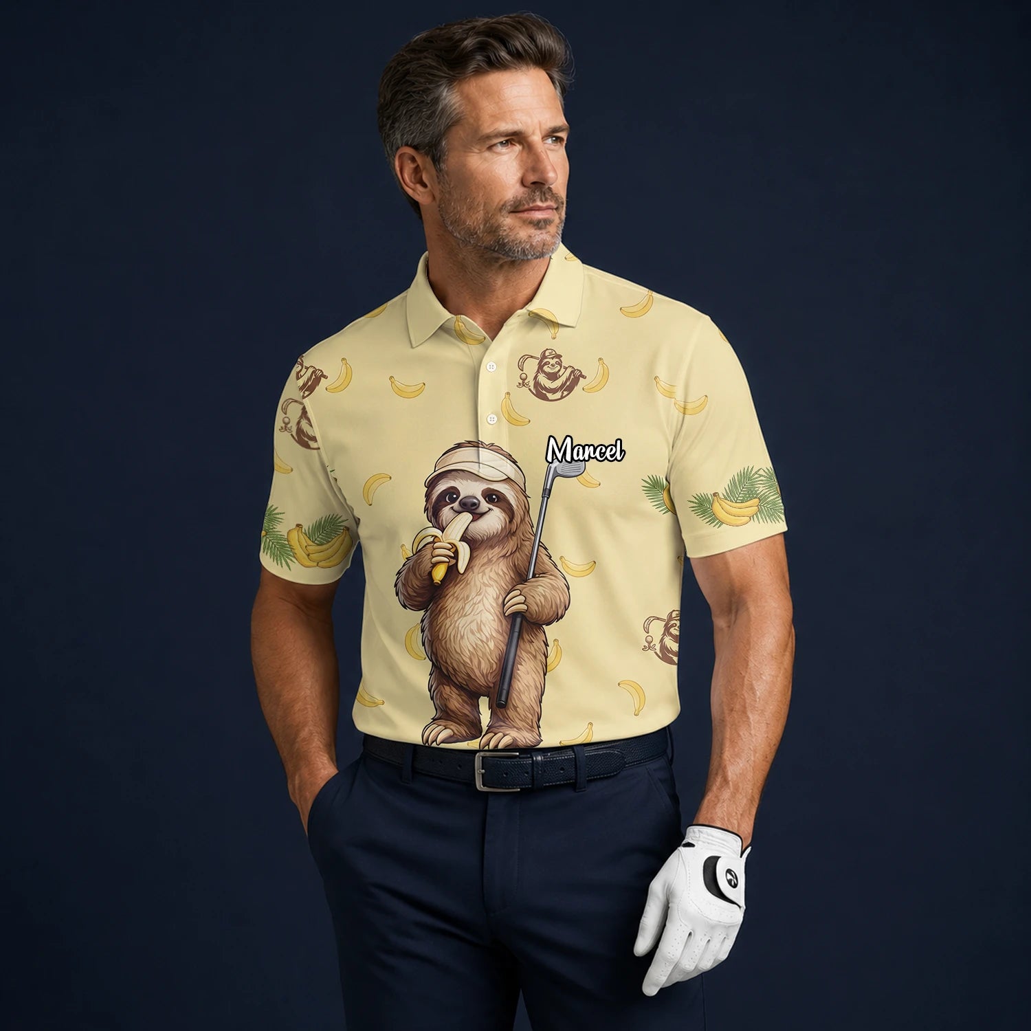 Personalised Pale Yellow Sloth Banana Golfer Cartoon Golf Polo Shirt For Men G3327