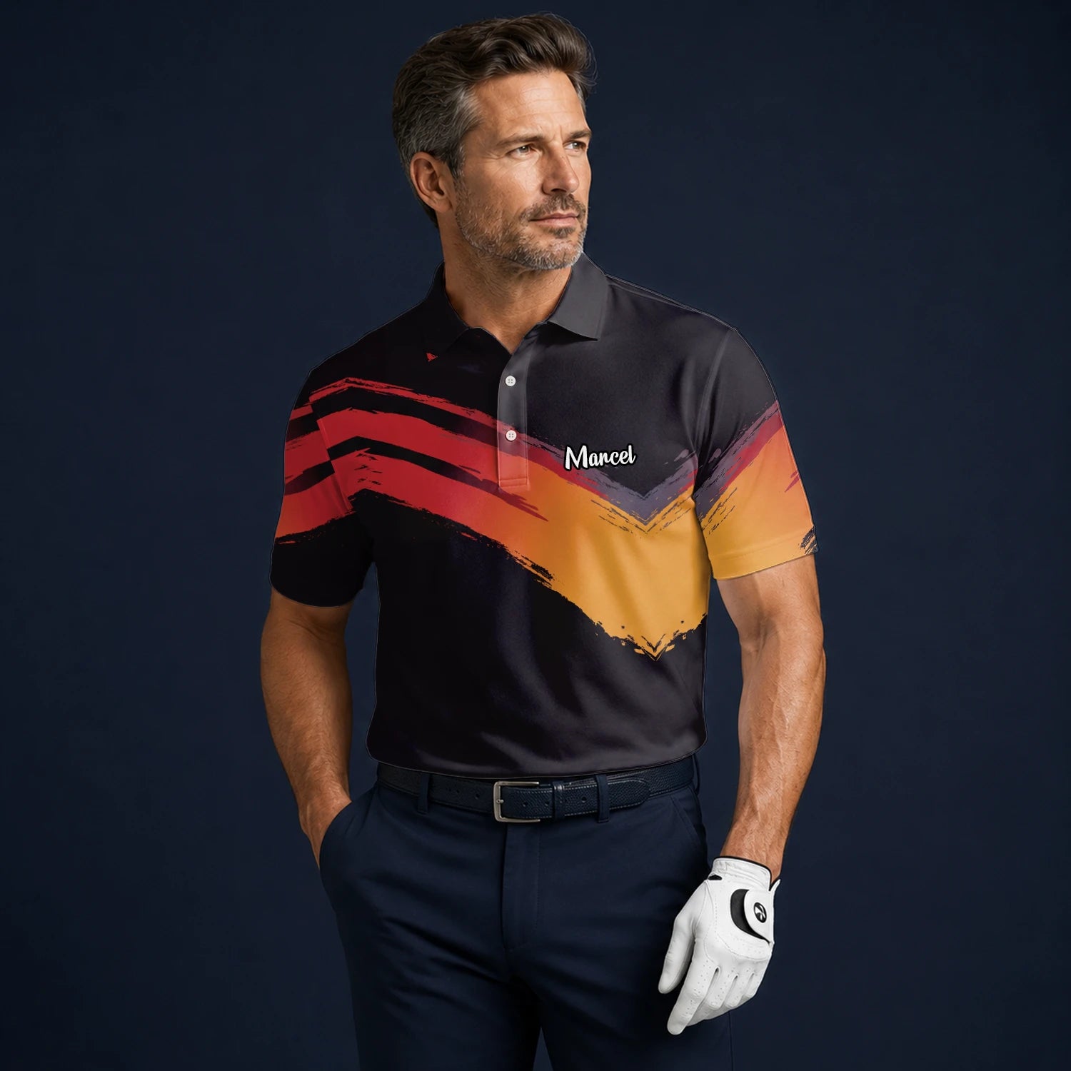Personalised Black Red Orange Brush Stroke Golf Polo Shirt For Men M6093