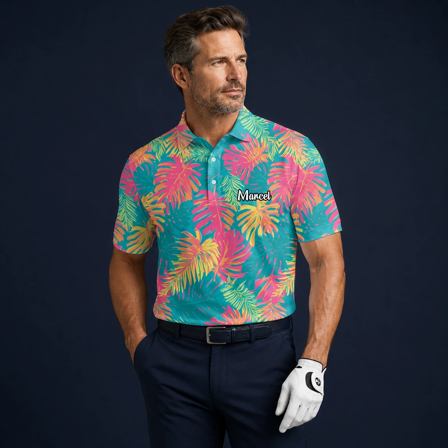 Personalised Teal Coral Tropical Leaf Golf Polo Shirt For Men H8937