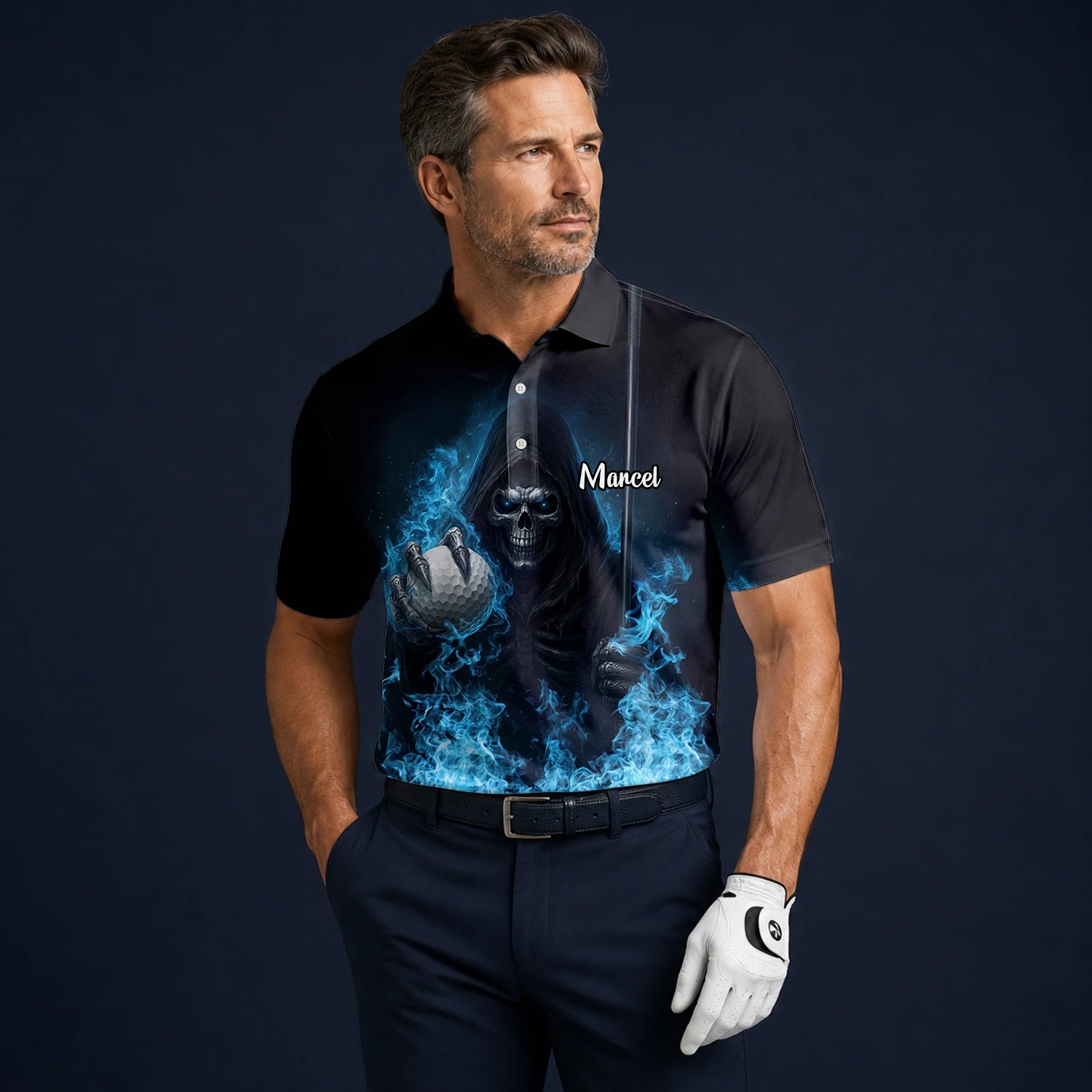 Personalised Black Blue Skull Golf Ball Lightning Golf Polo Shirt For Men N0793