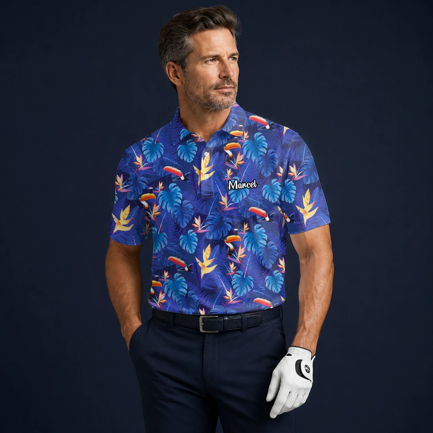 Personalised Navy Blue Tropical Toucan Leaf Golf Polo Shirt For Men S1836