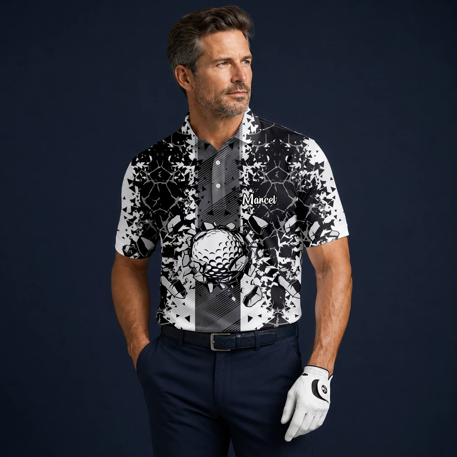 Personalised Black White Golf Ball Shattered Glass Golf Polo Shirt For Men F6407