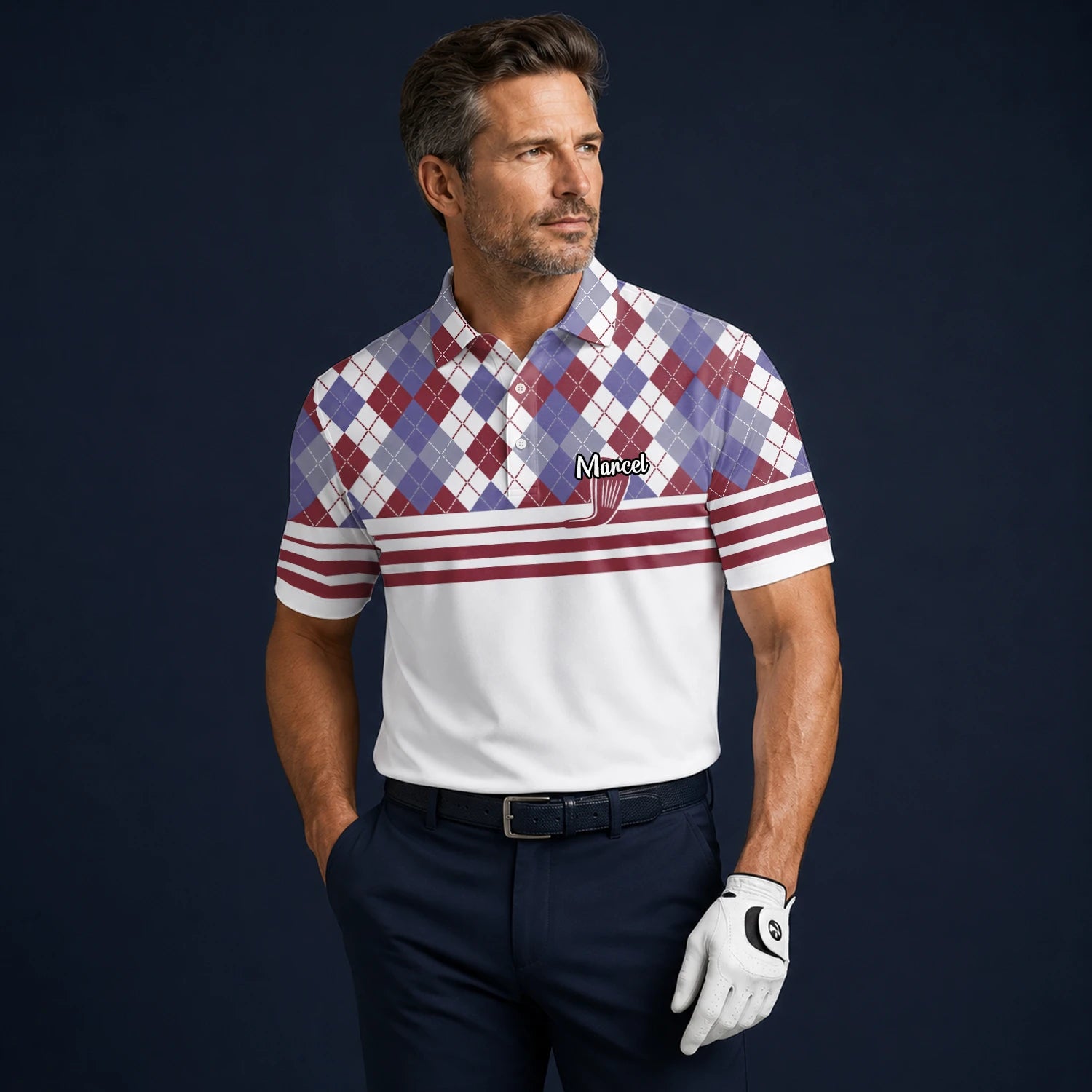Personalised White Burgundy Argyle Golf Club Stripe Golf Polo Shirt For Men K9019