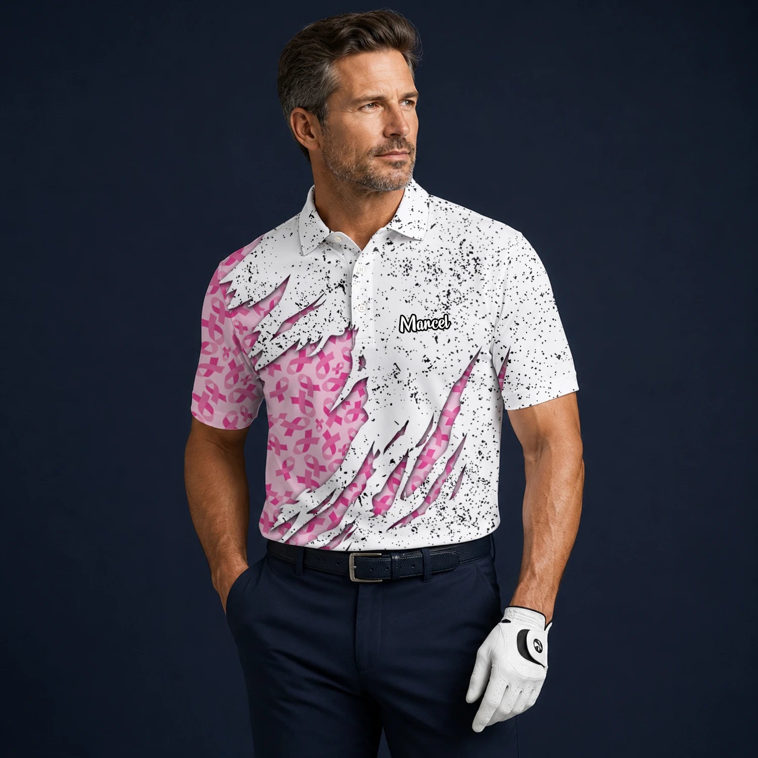 Personalised White Pink Breast Cancer Ribbon Torn Golf Polo Shirt For Men B7190