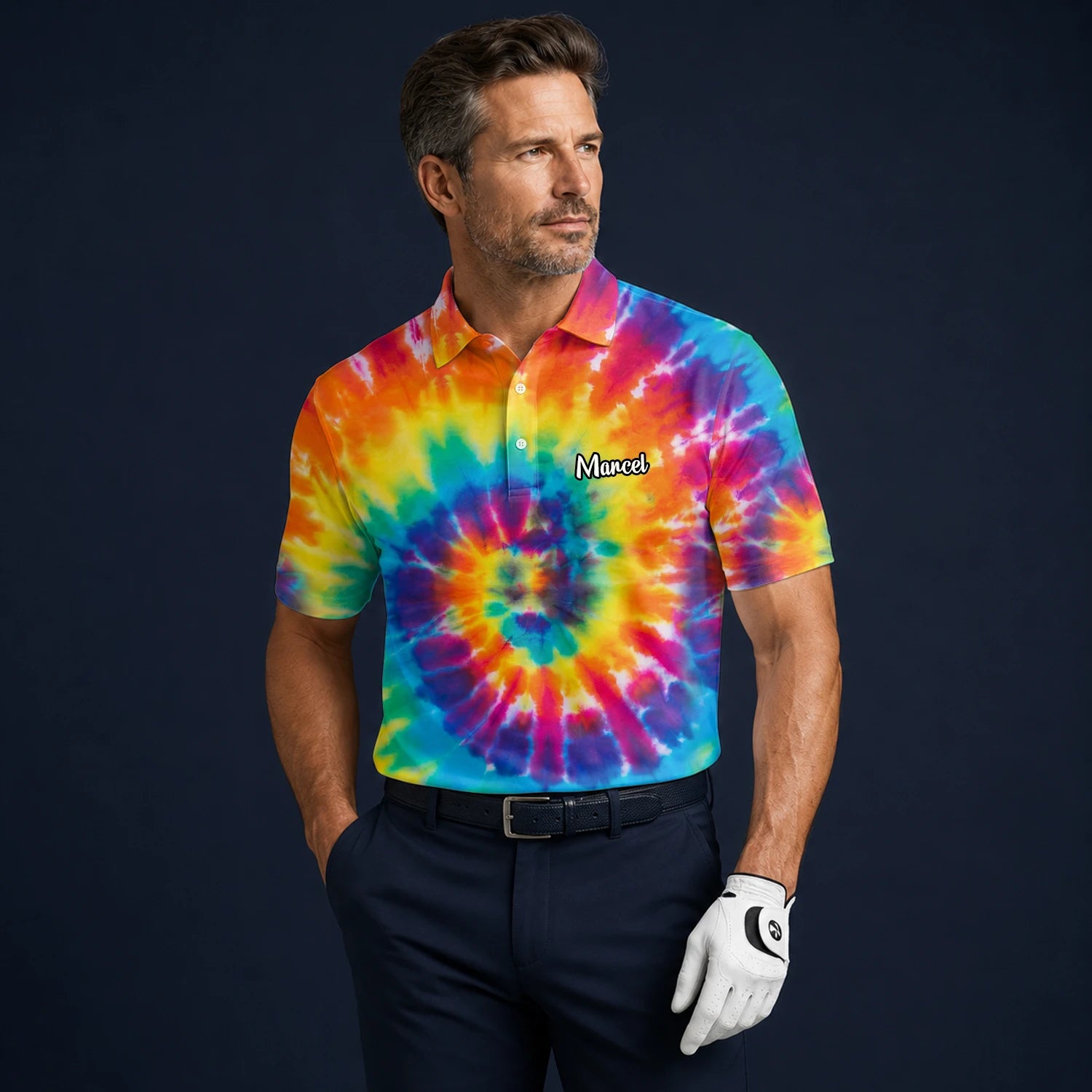 Personalised Rainbow Tie Dye Spiral Golf Polo Shirt For Men S4610