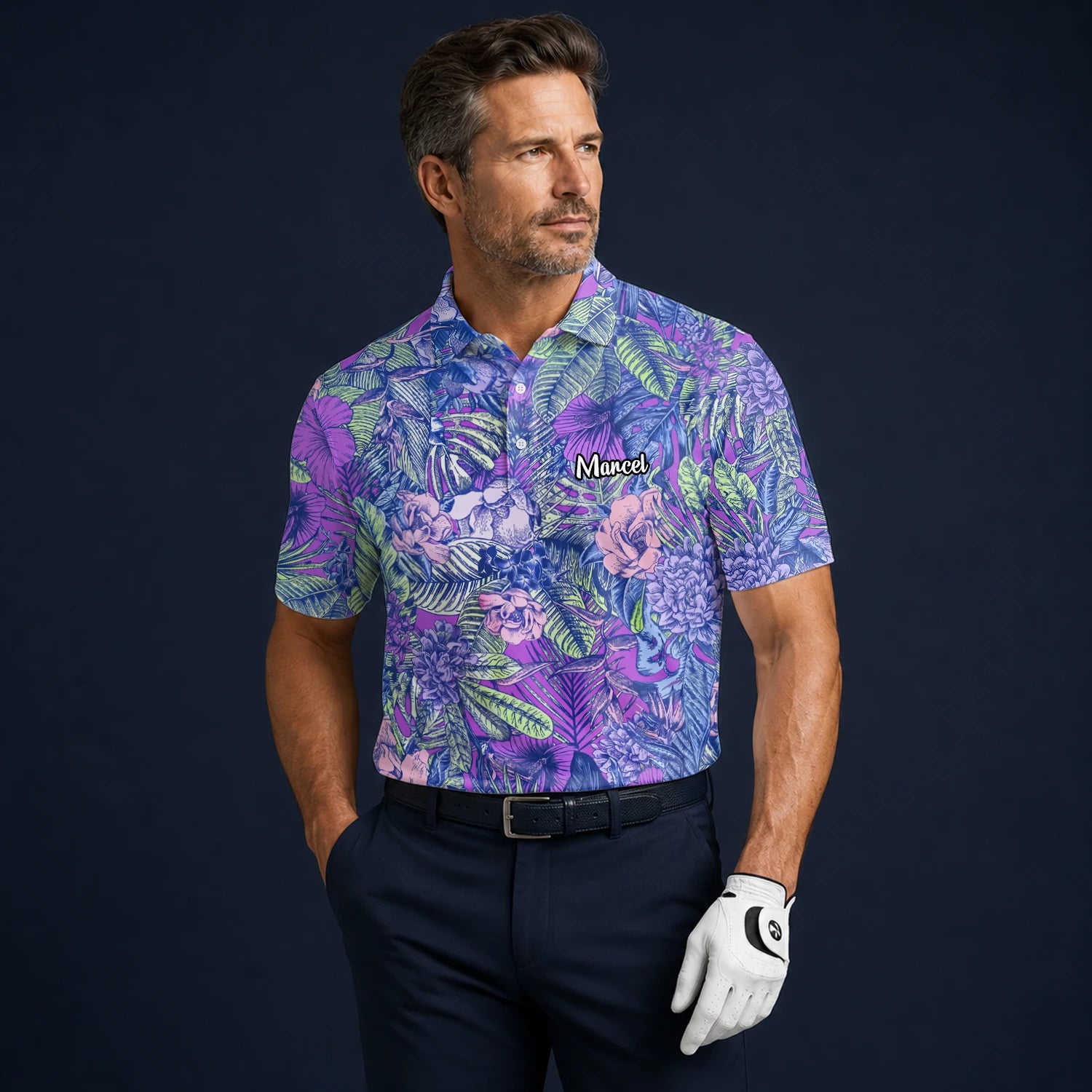 Personalised Purple Blue Tropical Floral Leaf Golf Polo Shirt For Men B8037